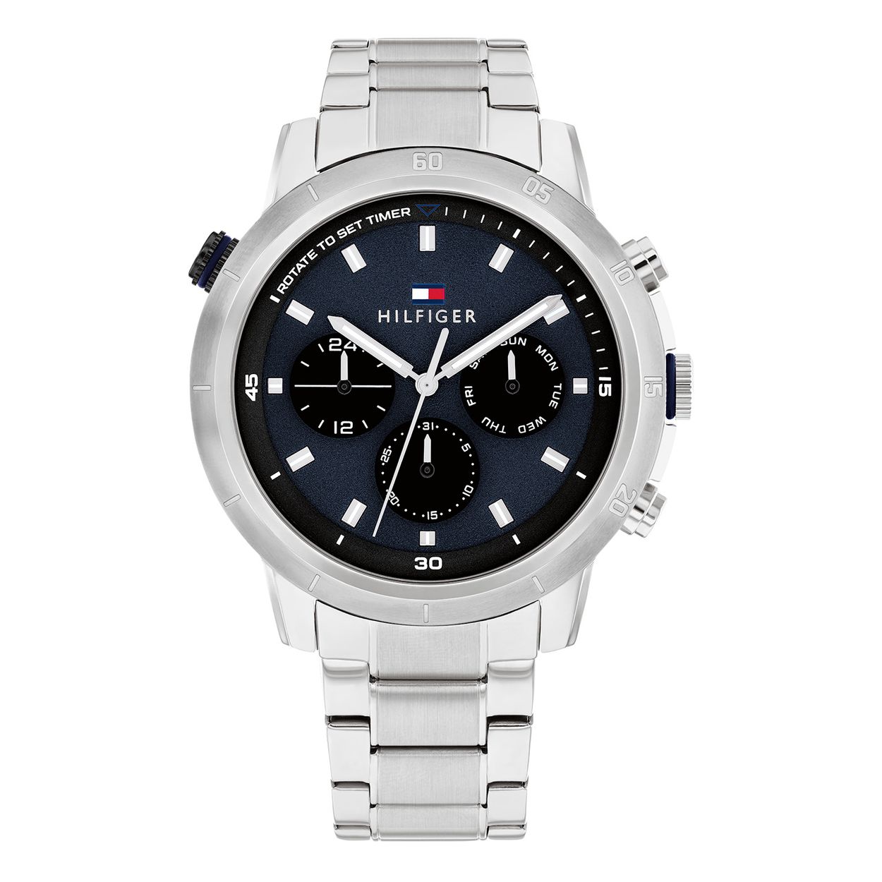 Dit Tommy Hilfiger horloge behoort tot de Troy collectie.
Referentienummer: TH1792104 

Dit horloge van Tommy Hilfiger is een opvallend horloge die zeker in je collectie past. Het herenhorloge heeft een zilverkleurige gerecyclede kast met een bewerkte draaibare bezel. Op de blauwe wijzerplaat zijn de datum,- dag en 24-uursaanduiding extra benadrukt. Het horloge heeft een extra knop voor de timer functie die met de draaibare bezel in werking staat. De wijzers hebben een lumibrite vulling en vallen daardoor goed op. Aan het stoere horloge zit een zilverkleurige mat glimmende schakelband. Verder heeft het een mineraalglas, een doorsnee van 46mm en is 5ATM.  
