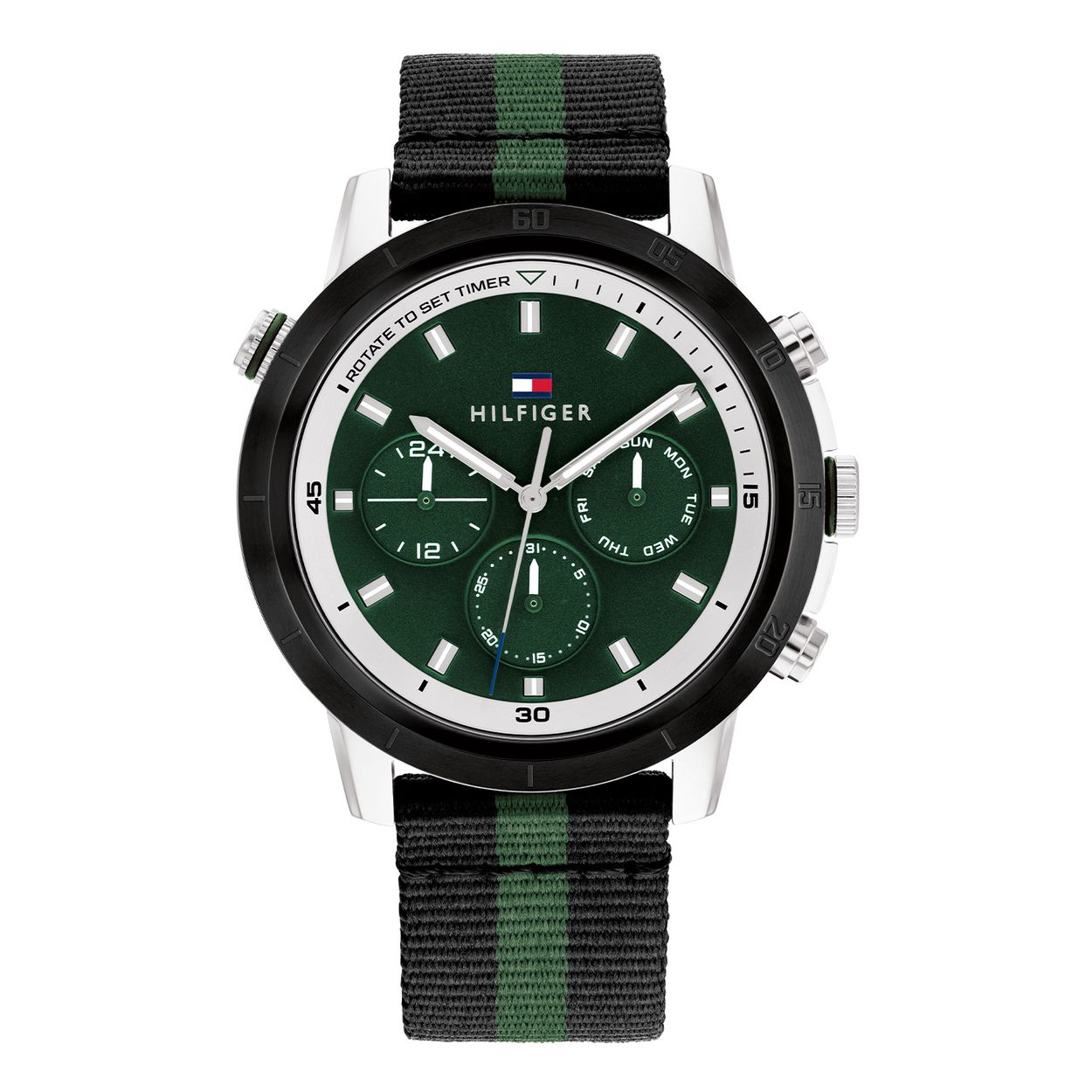 Tommy Hilfiger TH1792107 Horloge Heren Staal 46mm
Dit specifieke horloge van Tommy Hilfiger uit de Troy serie met artikelnr: TH1792107 is een gerecycled horloge die zeker in je collectie past. Als je zuinig bent op de natuur is dit een juiste keus. Het herenhorloge heeft een gerecycelde zilverkleurige kast met een zwarte bewerkte bezel. Op de groene wijzerplaat zijn de datum,- dag en 24-uursaanduiding extra benadrukt. Het horloge heeft een extra knop voor de timer functie en een draaibare bezel. De wijzers hebben een lumibrite vulling en vallen daardoor goed op. Aan het stoere horloge zit een zwart groene textiel band, gemaakt van gevonden plastic uit de oceaan. Verder heeft het een mineraalglas, een doorsnee van 46mm en is 5ATM.  

Het merk:
Sinds de lancering van het merk in 1985 is Tommy Hilfiger wereldwijd bekend geworden als pionier van de klassieke Amerikaanse coole stijl. GeÃ¯nspireerd door de iconische popcultuur en het Amerikaanse erfgoed. De dames en herencollectie van dit seizoen bestaan uit minimalistische silhouetten en rustieke lederen details. De herenhorlogecollectie biedt iconische uurwerken met roestvrijstalen, lederen en siliconen banden.

Specificaties:
- Mineraalglas
- Ronde kast 46mm
- Zilverkleurige gerecycelde kast
- Groene wijzerplaat
- Ocean plastic band
- Timer 
- 5ATM
