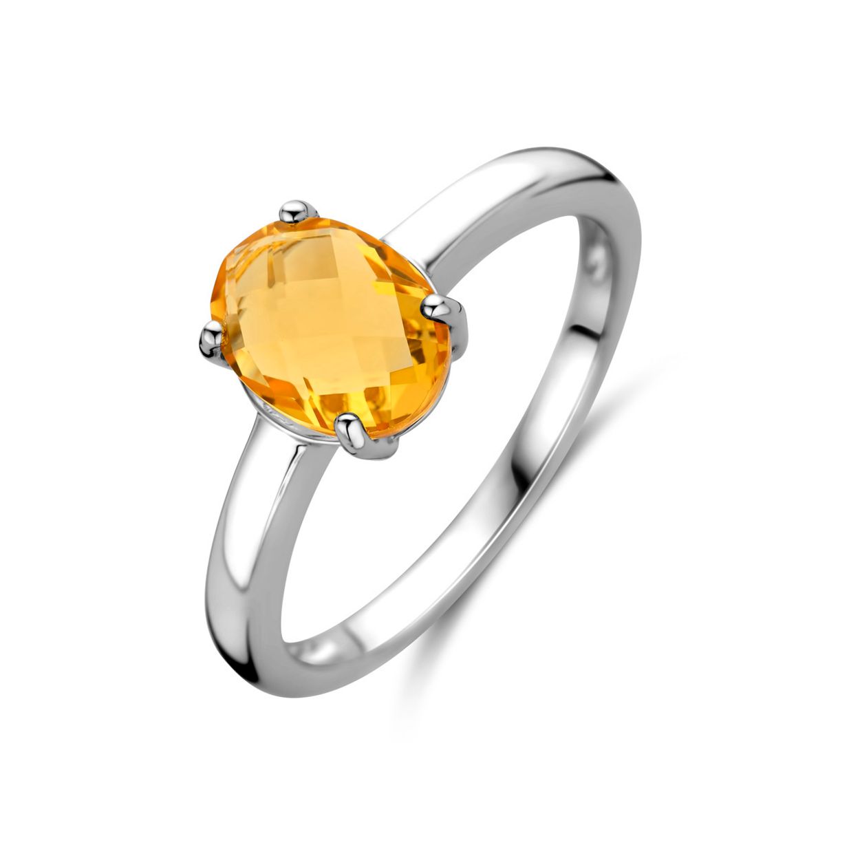 Gerhodineerd 925 zilveren ring uitgevoerd met citrien. De ring heeft een breedte van 8mm.