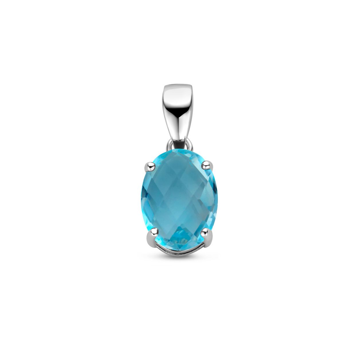 Gerhodineerd 925 zilveren hanger uitgevoerd met blauw topaas. De steen heeft een afmeting van 8x6mm.