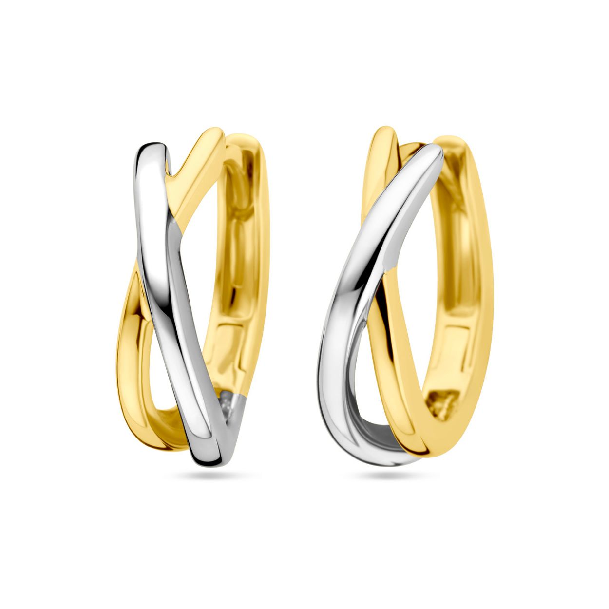 14k Bicolor wit- en geelgouden klapoorringen met een afmeting van 16.5x5mm.