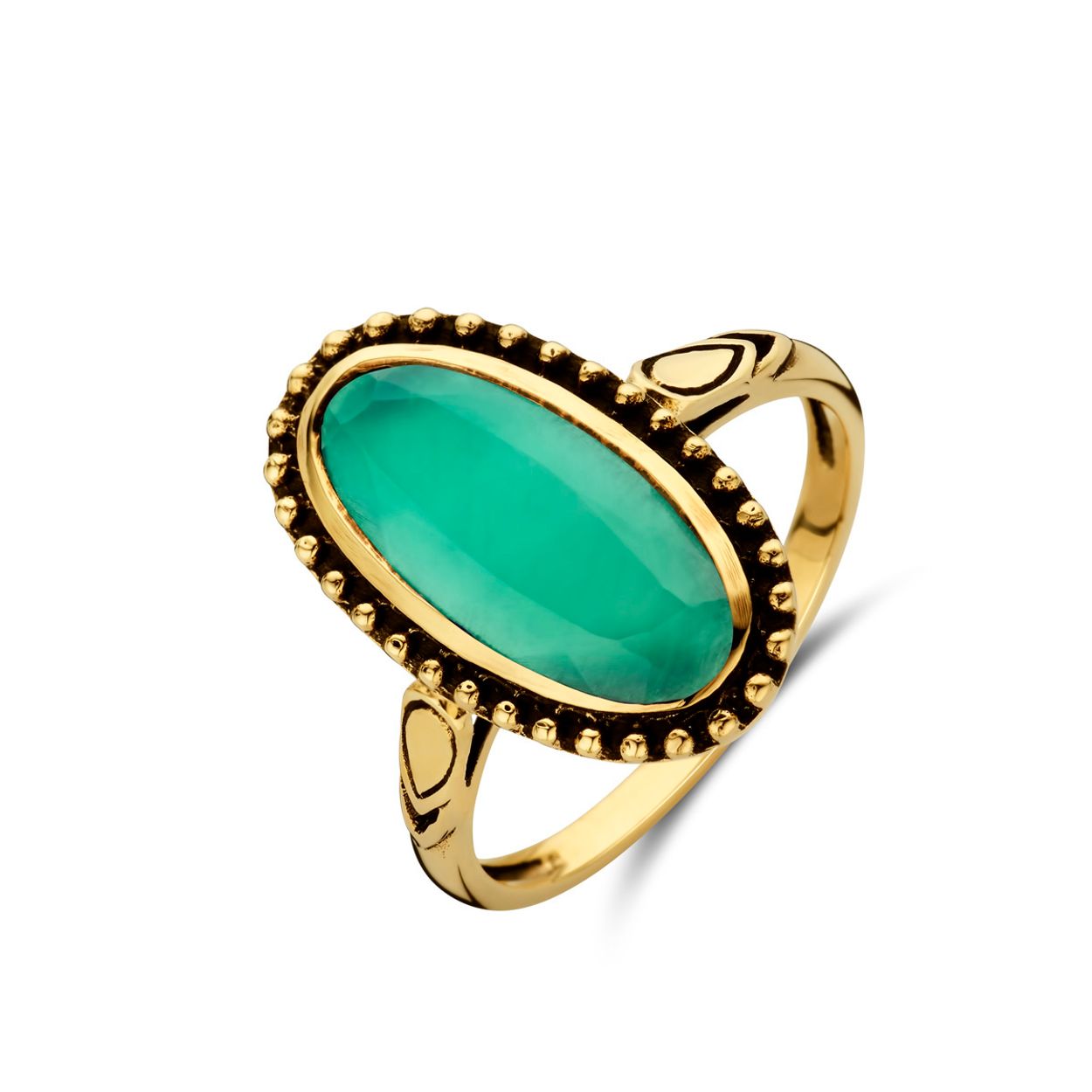 14k Geelgouden vintage ring uitgevoerd met groen agaat. De ring heeft een afmeting van 18x10.5mm.