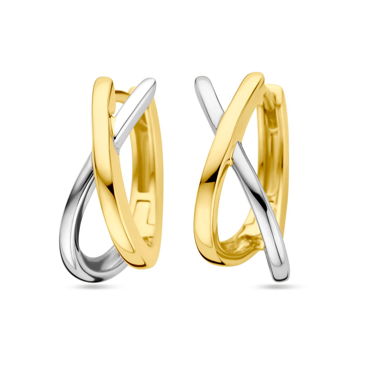 14k Bicolor wit- en geelgouden klapoorringen met een afmeting van 16.5x6.5mm.
