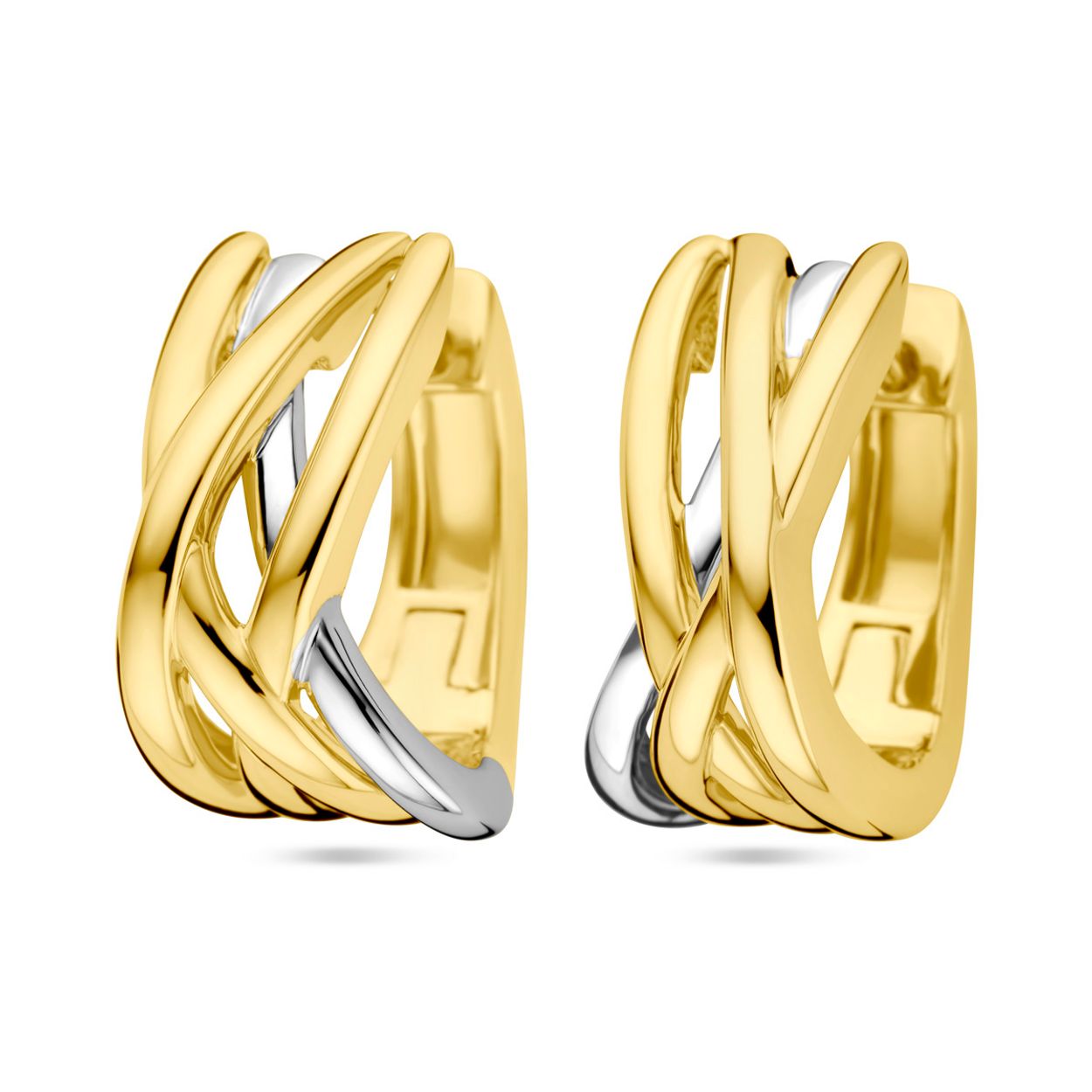 14k Bicolor wit- en geelgouden klapoorringen met een afmeting van 16.5x8.5mm.