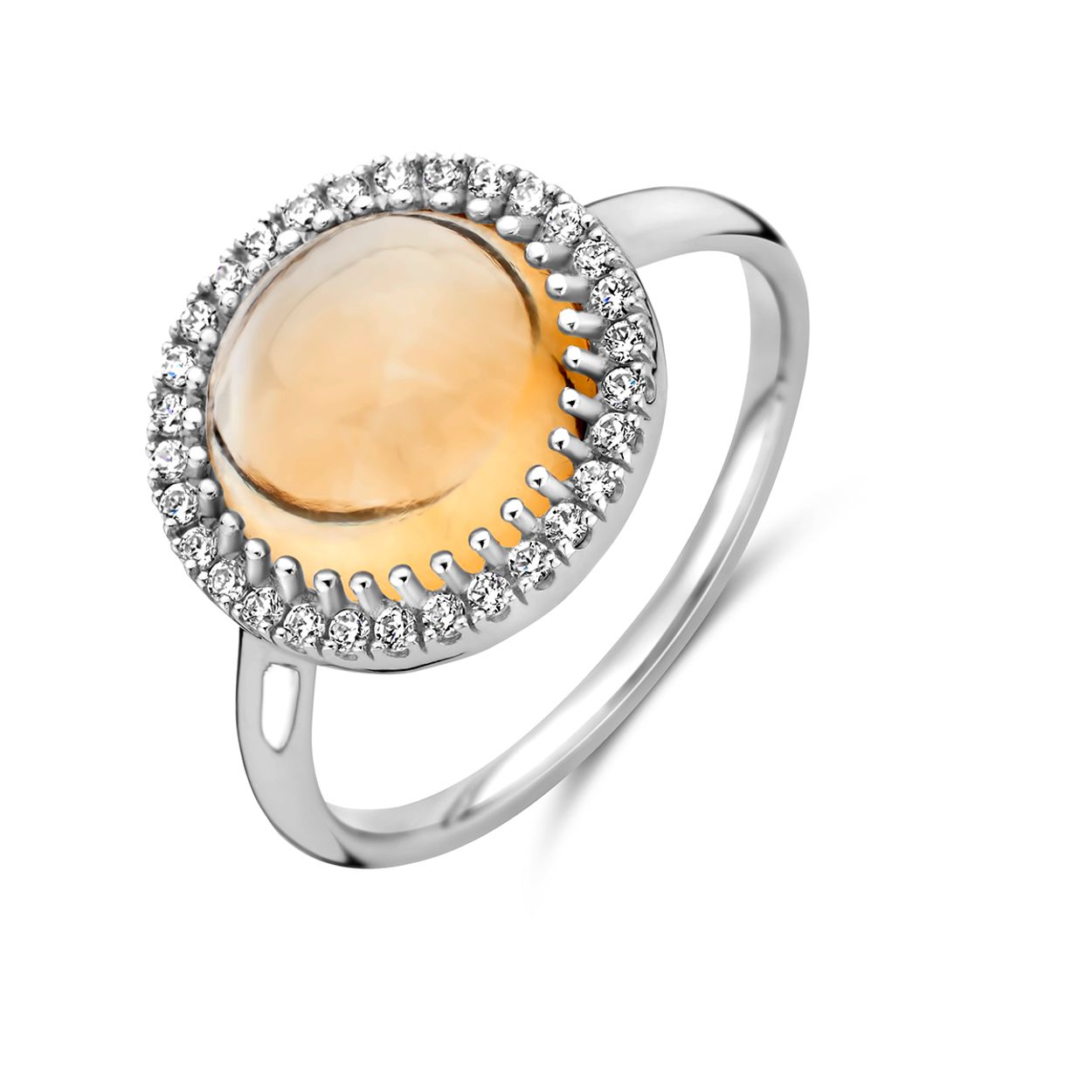 Gerhodineerd 925 zilveren ring uitgevoerd met citrien en zirkonia. De ring heeft een breedte van 13mm.