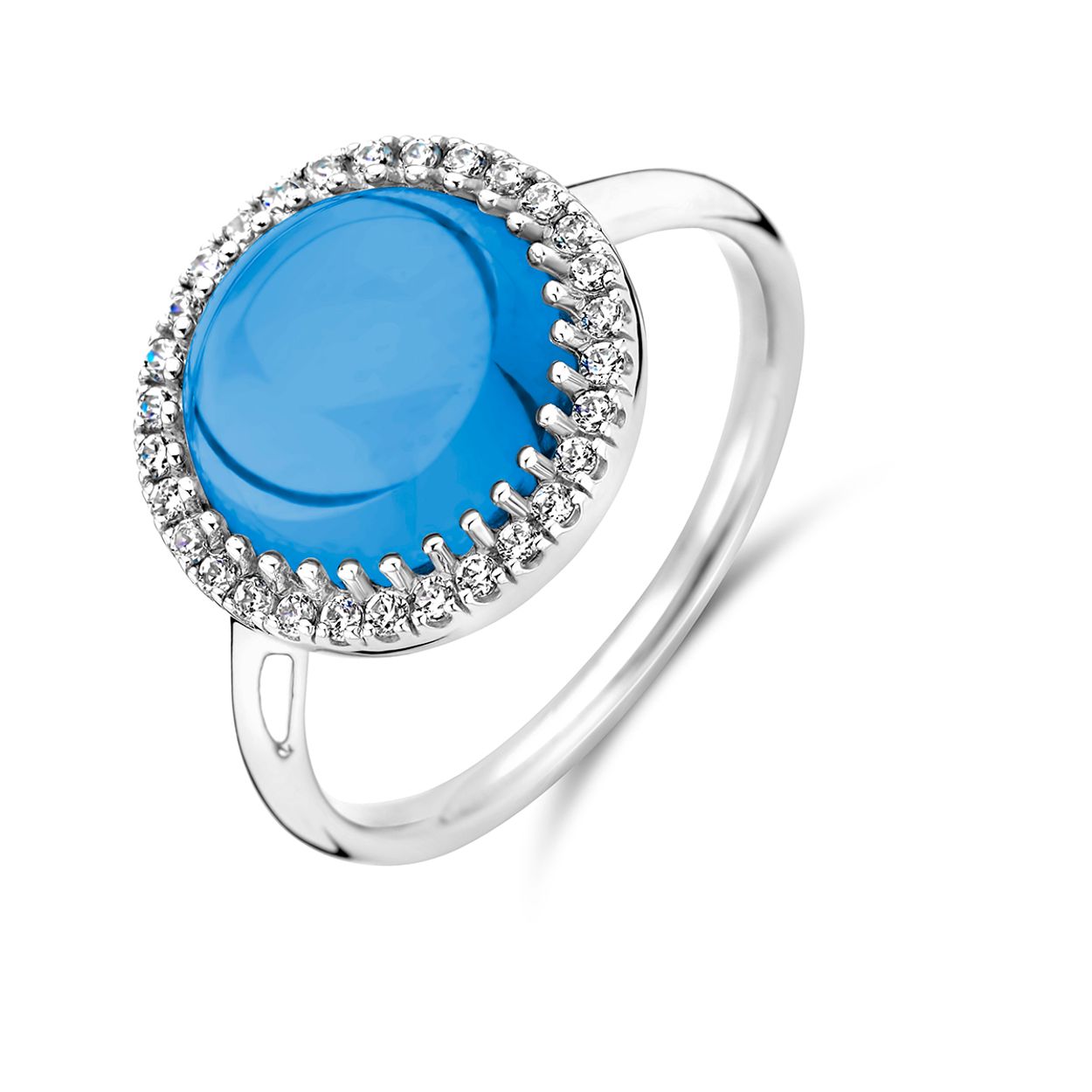 Gerhodineerd 925 zilveren ring uitgevoerd met blauw topaas en zirkonia. De ring heeft een breedte van 13mm.