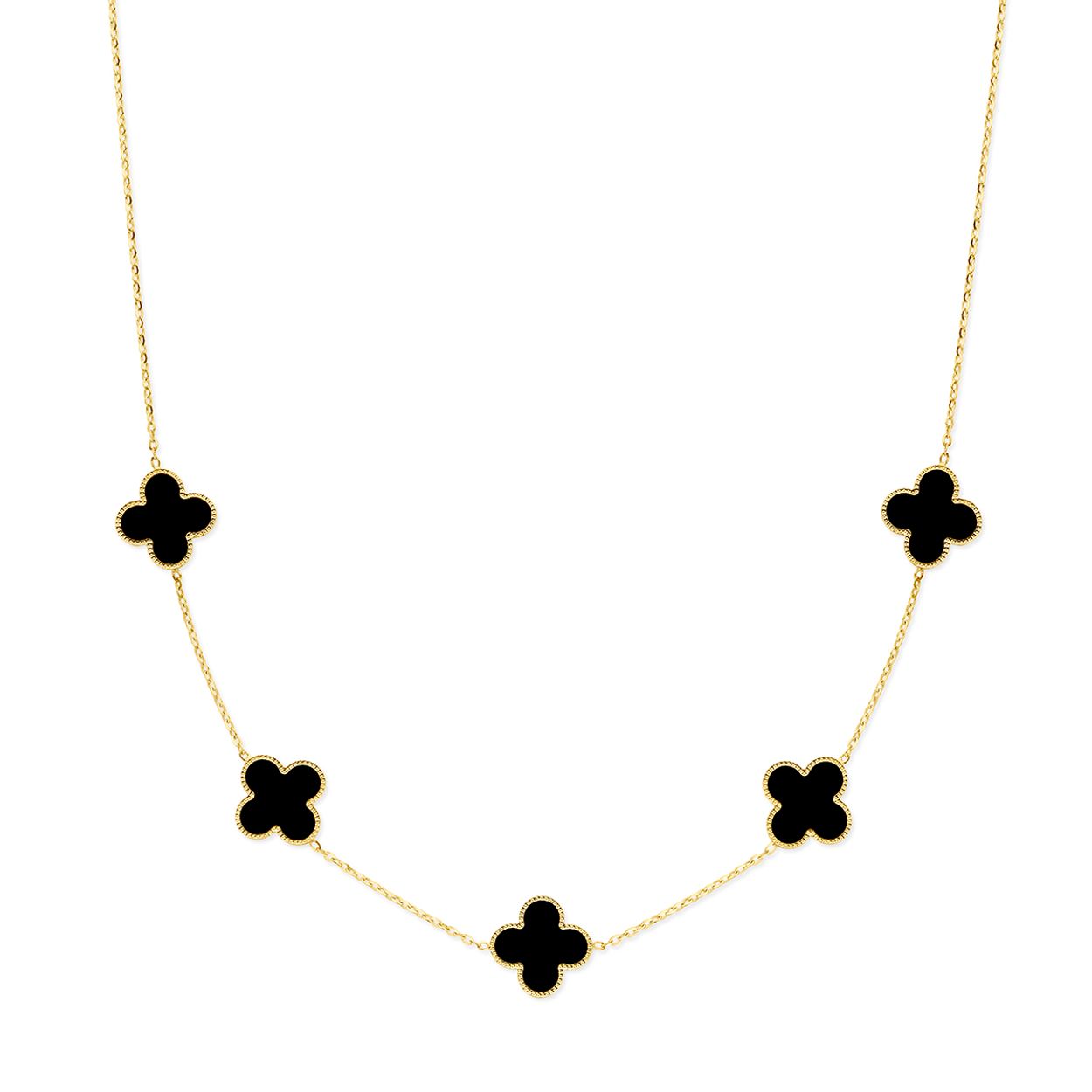 14k Geelgouden collier uitgevoerd met klavertjes 4 met onyx. De draaglengtes zijn 42, 44 en 46cm. De klavertjes hebben een afmeting van 19x15mm. De schakelbreedte is 1,5mm. Uitgevoerd met een karabijnsluiting.