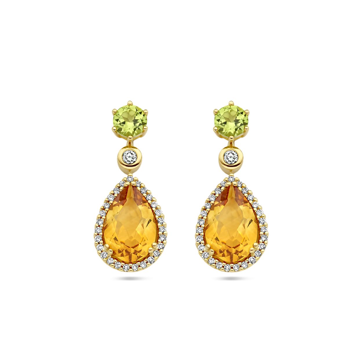 14k Geelgouden oorhangers uitgevoerd met peridot, citrien en diamanten. De oorhangers hebben een totale hoogte van 21mm.