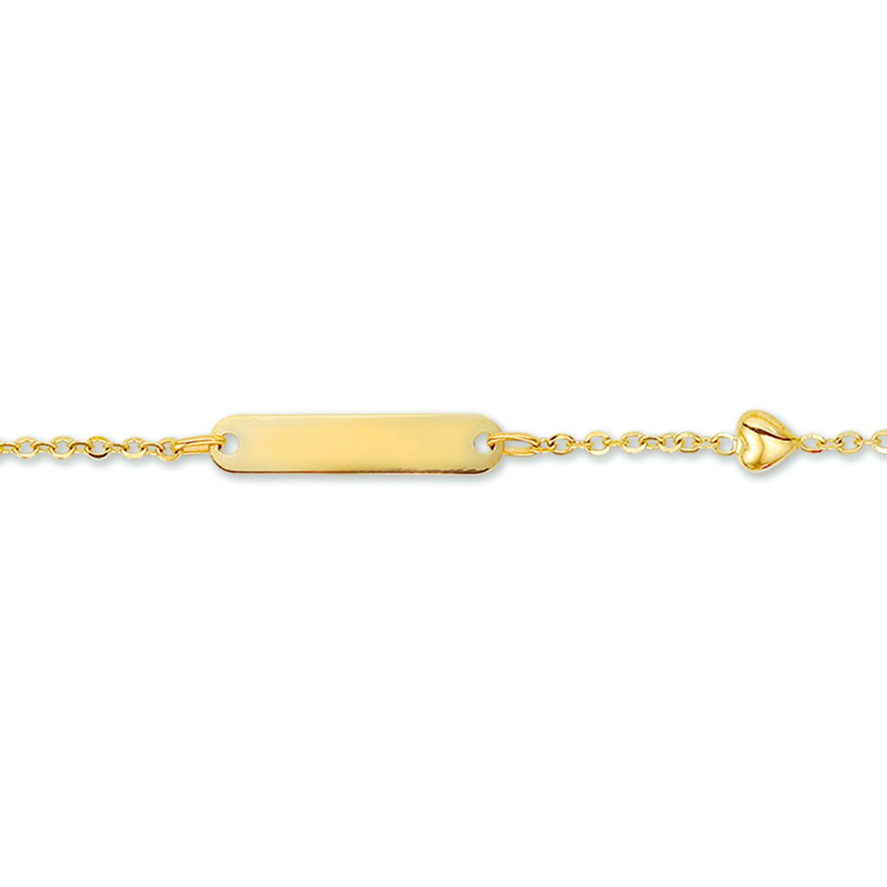 Geelgouden graveerarmband met een hartje. De lengte van de armband bedraagt 9cm met 2cm extensie.