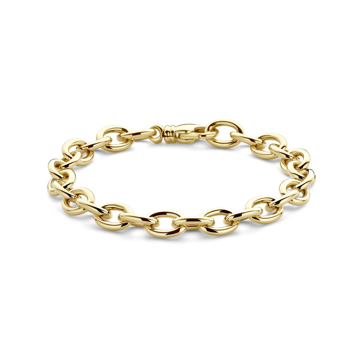 14k Geelgouden armband met een draaglengte van 20cm. De schakelbreedte is 8.3mm. Uitgevoerd met een karabijn sluiting.