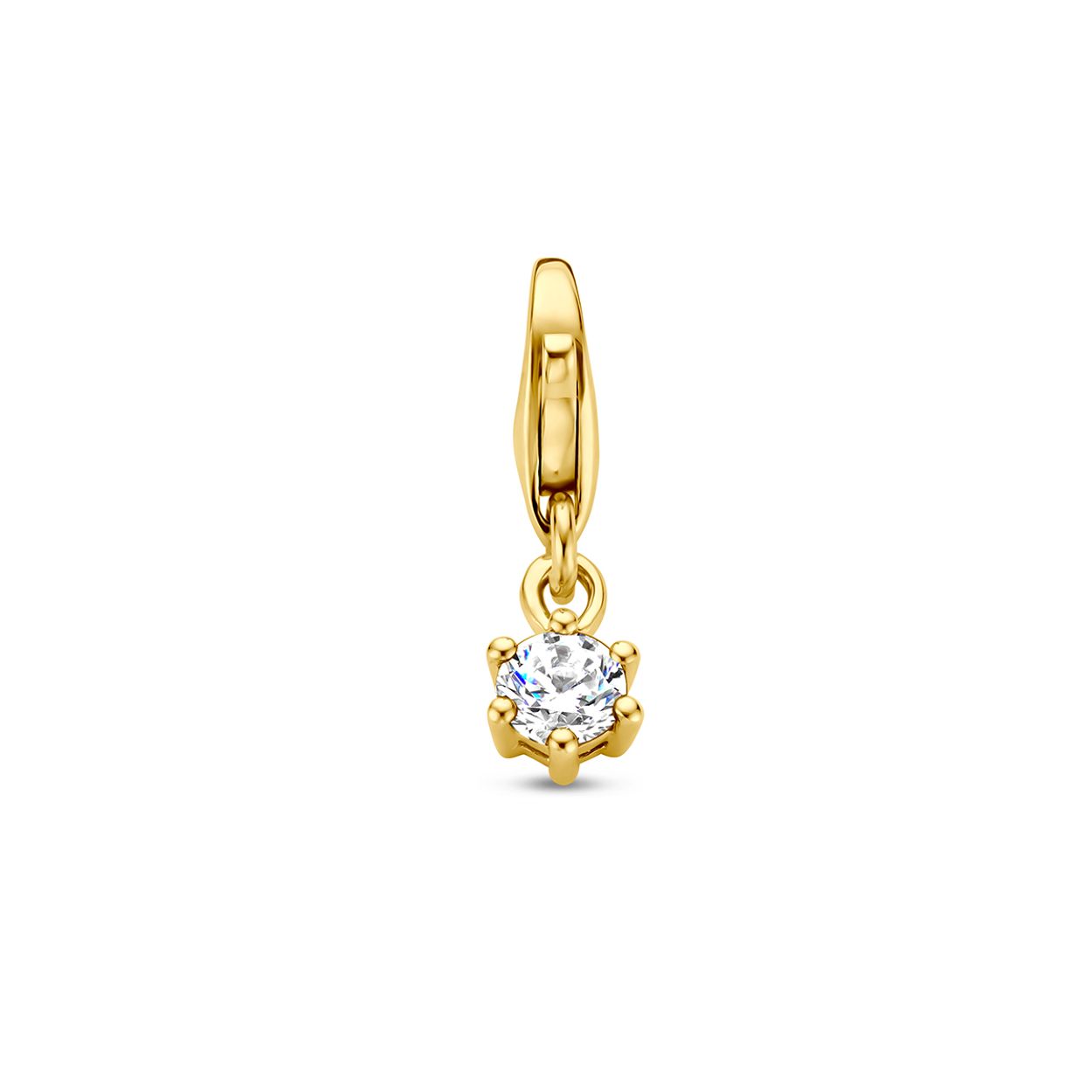 14k Geelgouden slotbedel uitgevoerd met een geboortesteen. De hanger heeft een totale hoogte van 15.5mm.