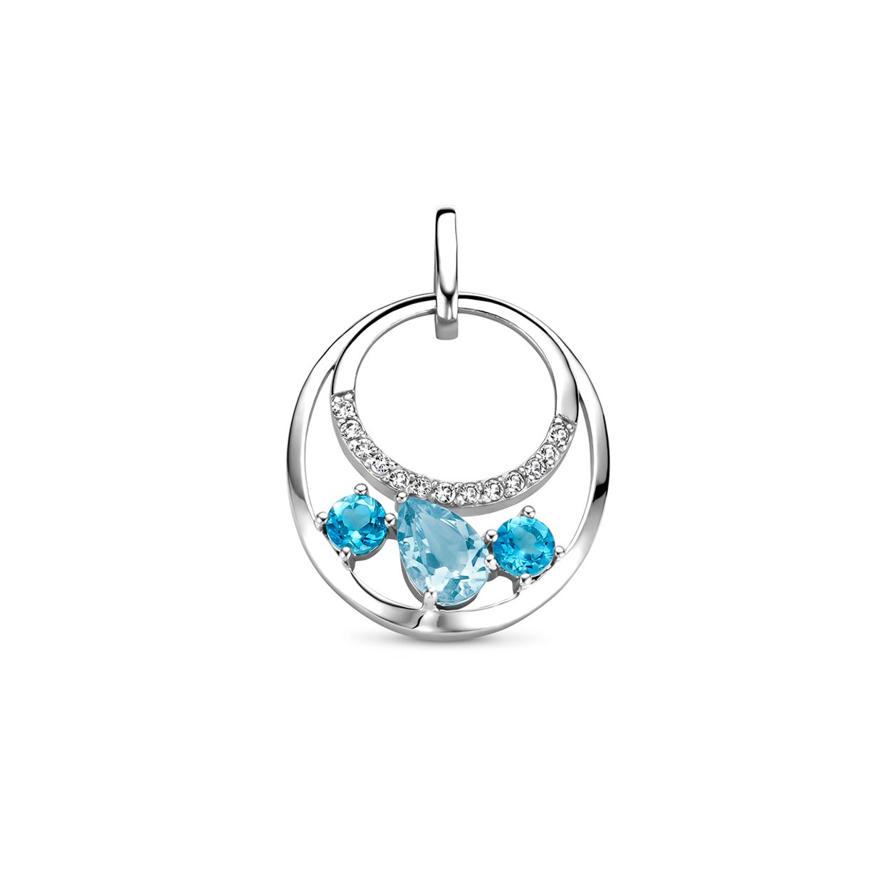 Gerhodineerd 925 zilveren hanger uitgevoerd met blauw en wit topaas. De hanger heeft een  totale hoogte van 24mm.