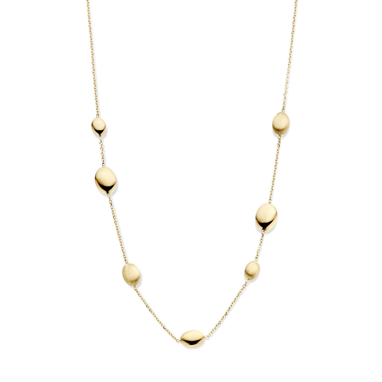 14k Geelgouden collier met ovaalvormige elementen. Het collier heeft een draaglengte van 43cm. De schakelbreedte is 1.1mm. Uitgevoerd met een karabijn sluiting.