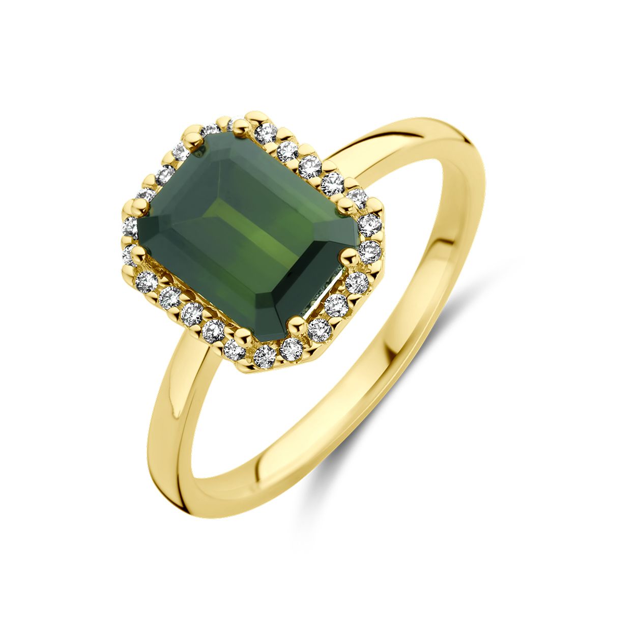 14k Geelgouden ring uitgevoerd met toermalijn 8x6mm en diamant. De ring heeft een breedte van 10.5mm.