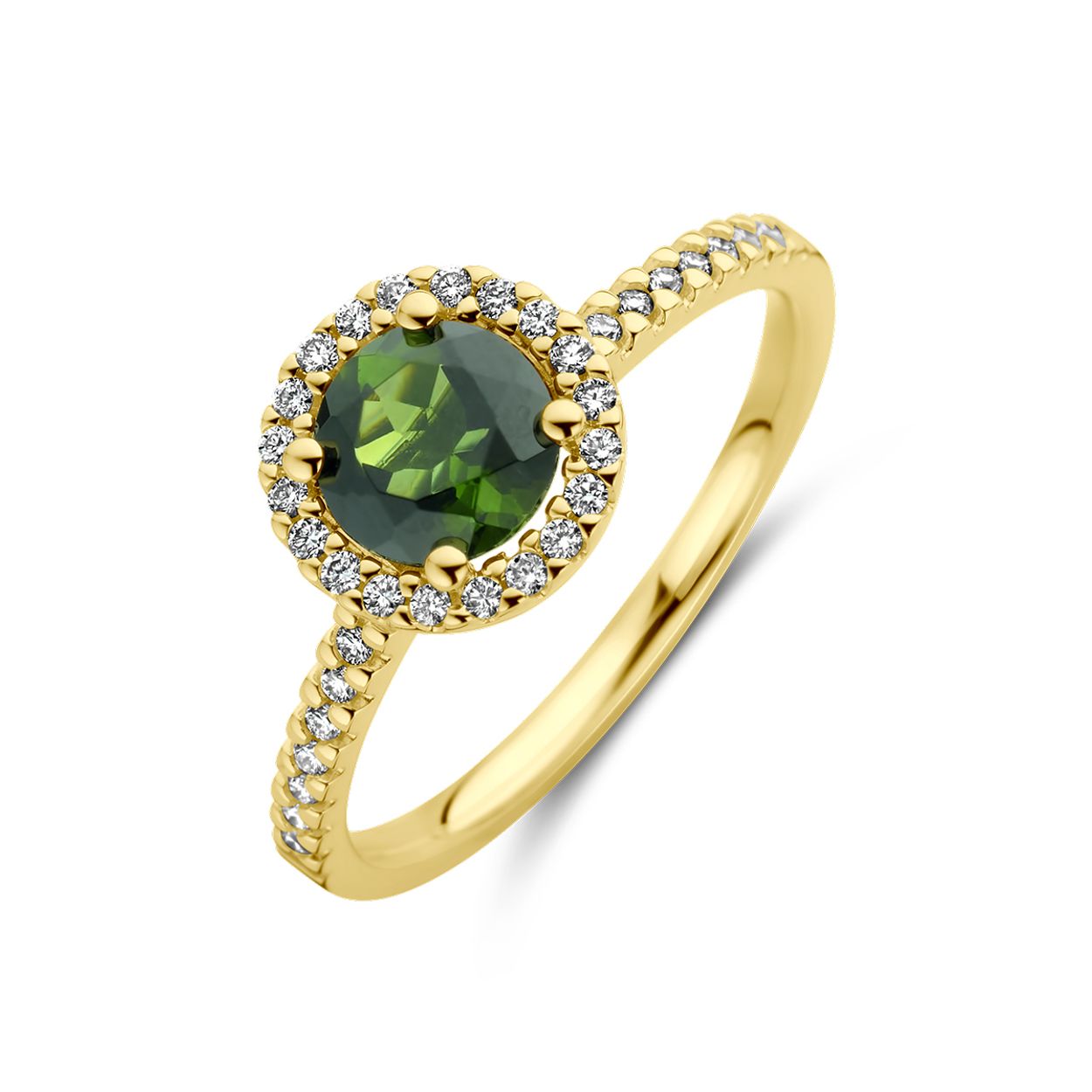 14k Geelgouden ring uitgevoerd met toermalijn en diamanten. De ring heeft een breedte van 8.5mm.