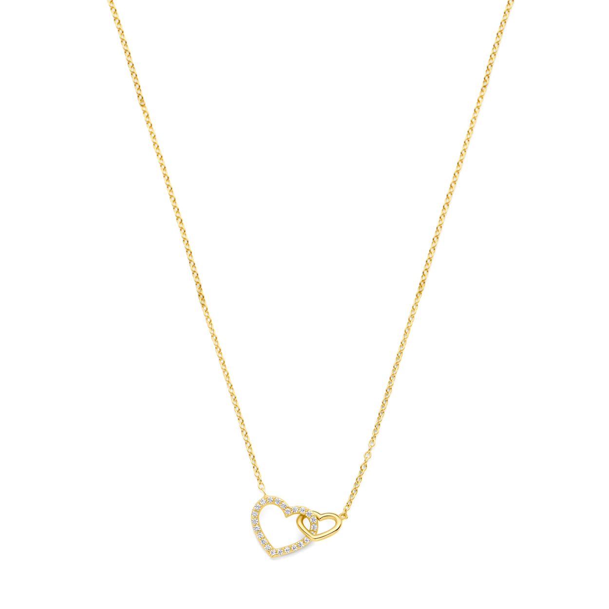 14k Geelgouden colliers uitgevoerd met twee hartjes, waarvan een afgewerkt met zirkonia. Het collier heeft draaglengtes van 43 en 45 cm. De hartjes hebben een afmeting van 7 x 8,5 mm en 10,5 x 12,5 mm. De schakelbreedte is 1,3 mm. 