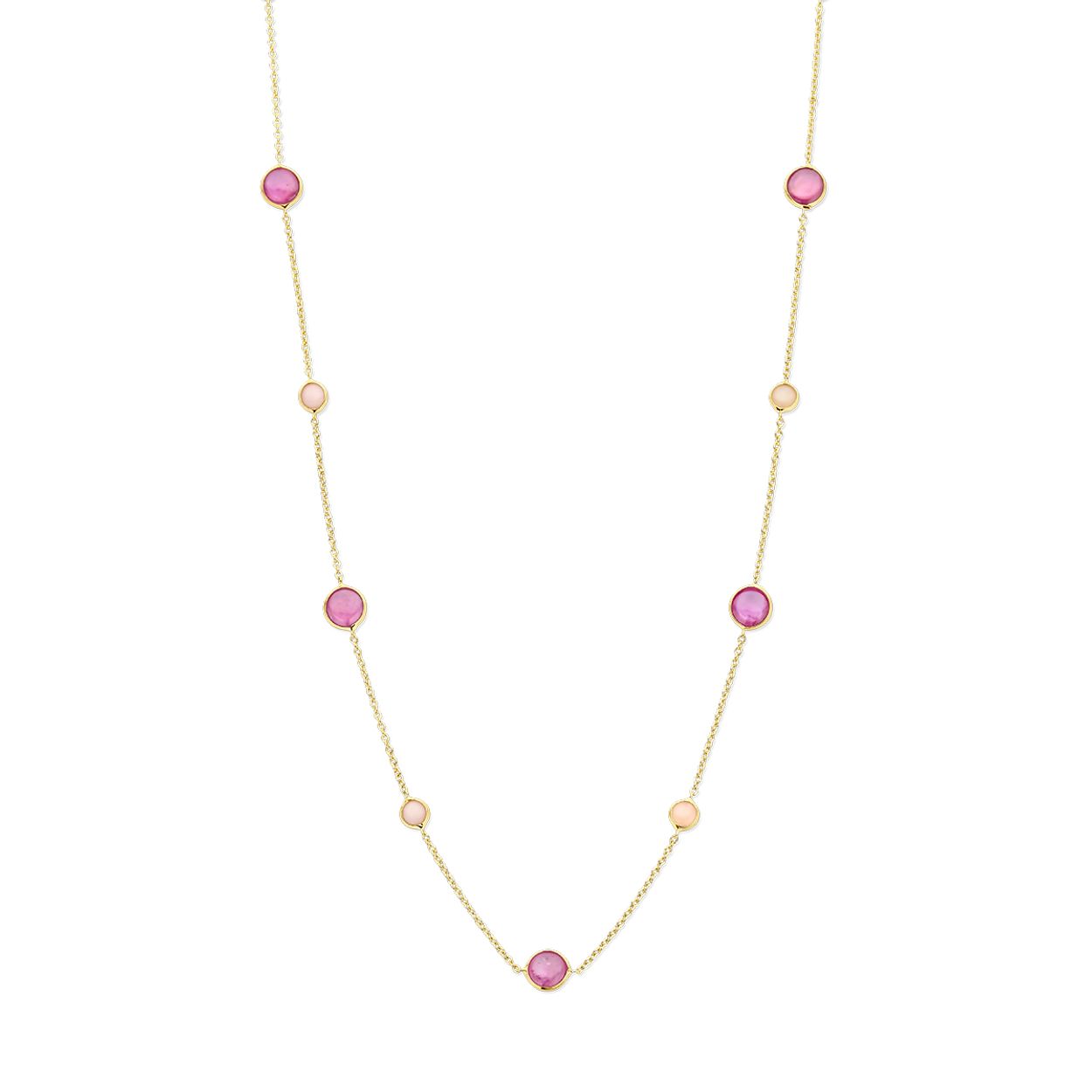 14k Geelgouden collier uitgevoerd met roze robijn en roze opaal. De draaglengtes van de collier zijn 42 en 45cm. De breedtes van de stenen met zetkast is 6.5 en 4.5mm.