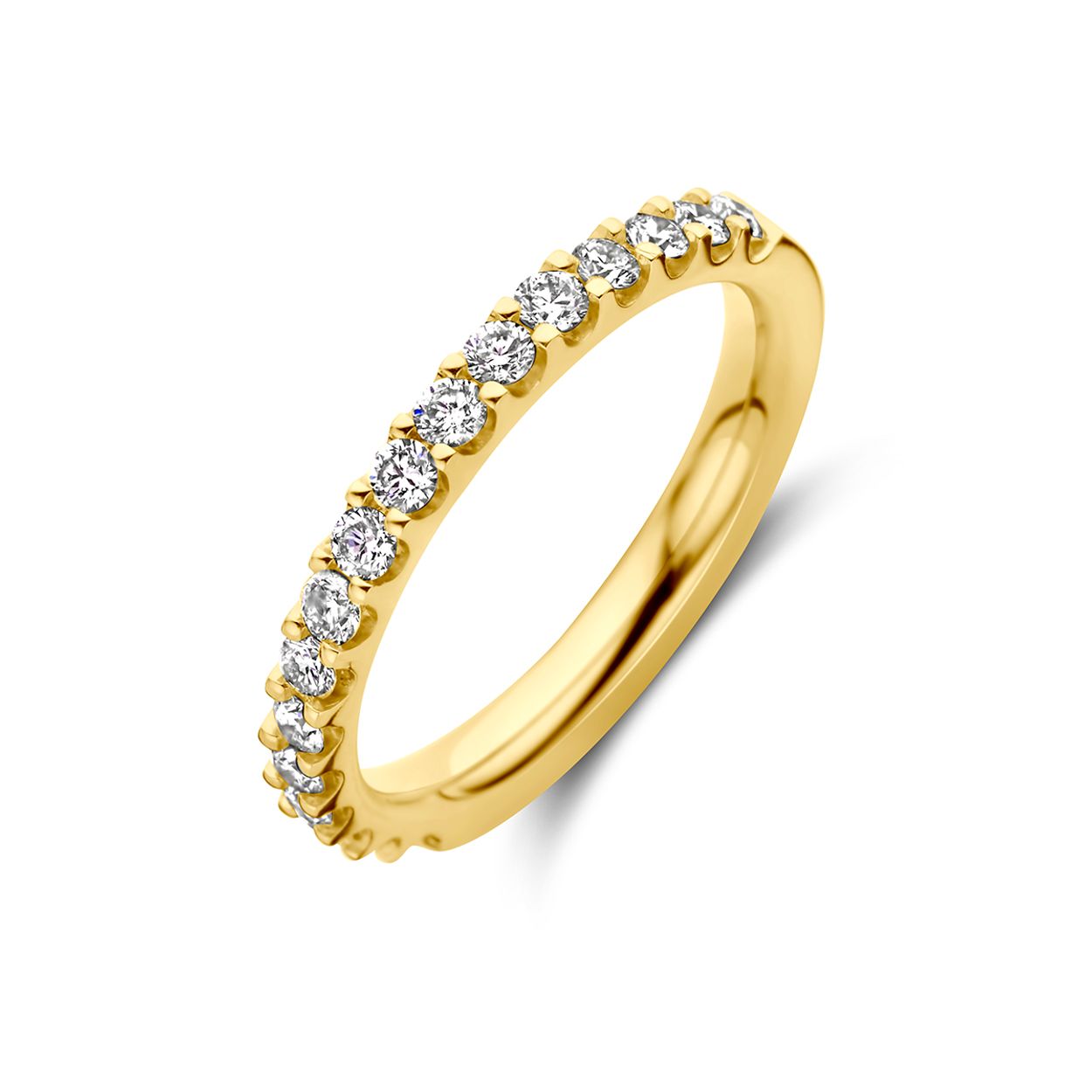 18k Geelgouden ring uitgevoerd met diamant. De ring heeft een breedte van 2.4mm.