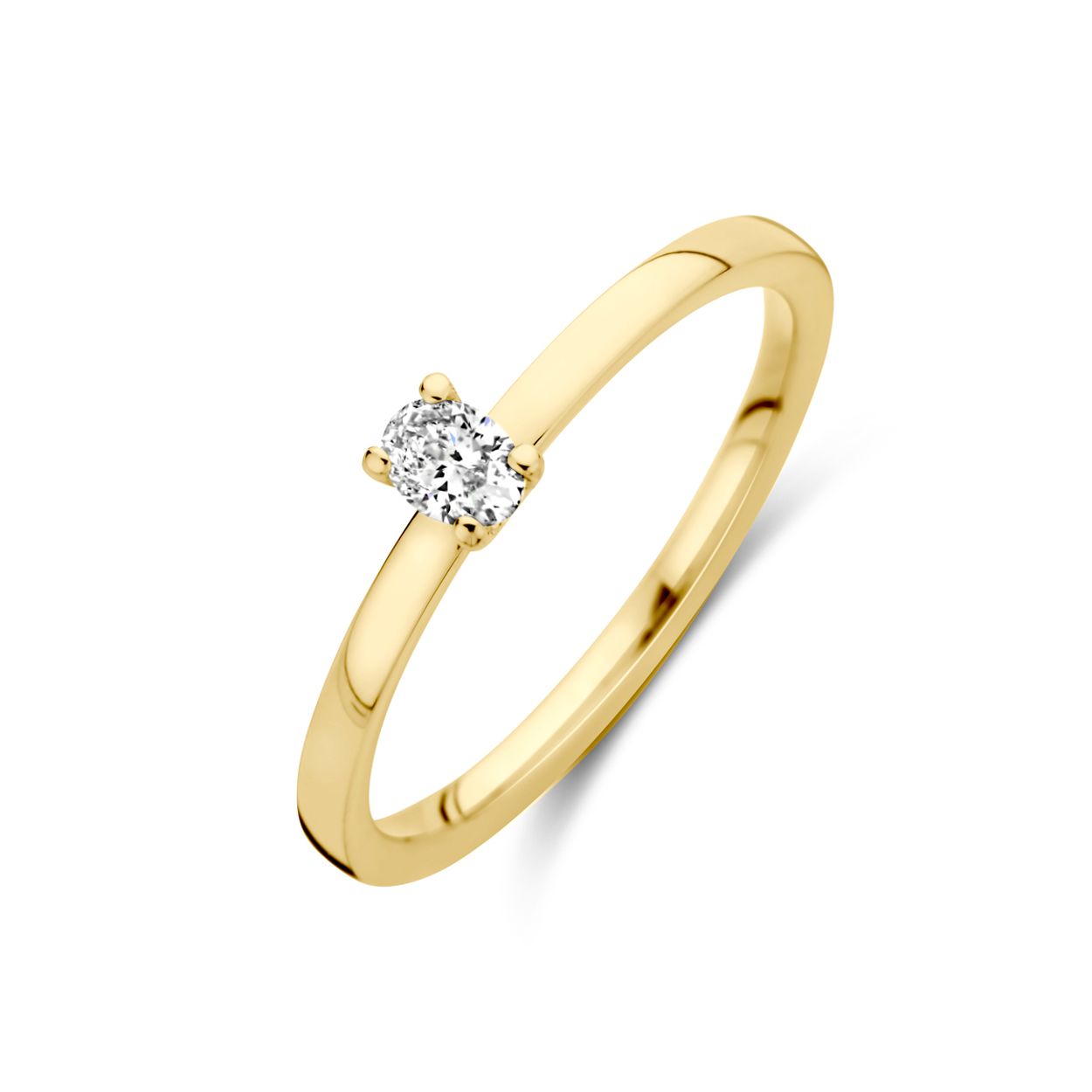 18k Geelgouden ring uitgevoerd met diamant. De ring heeft een breedte van 4mm.