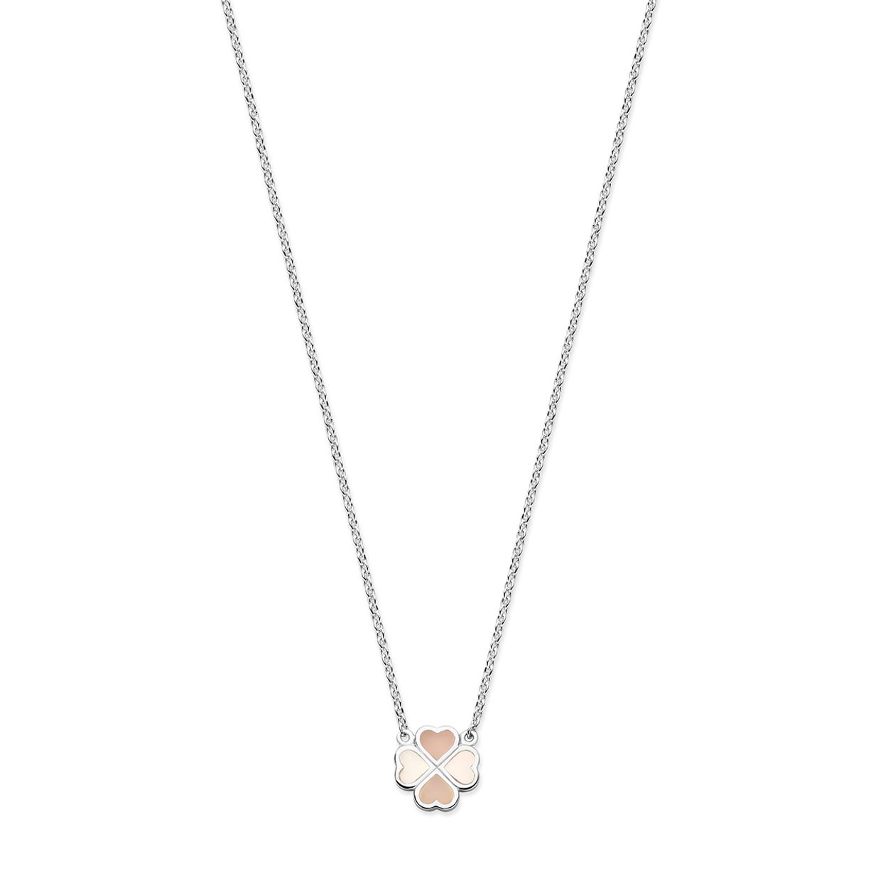 Gerhodineerd 925 zilveren collier met een klavertje met roze en wit parelmoer. Het collier heeft een draaglengte van 41cm en een extensie van 4cm. De schakelbreedte is 1.3mm. Uitgevoerd met een karabijn sluiting.