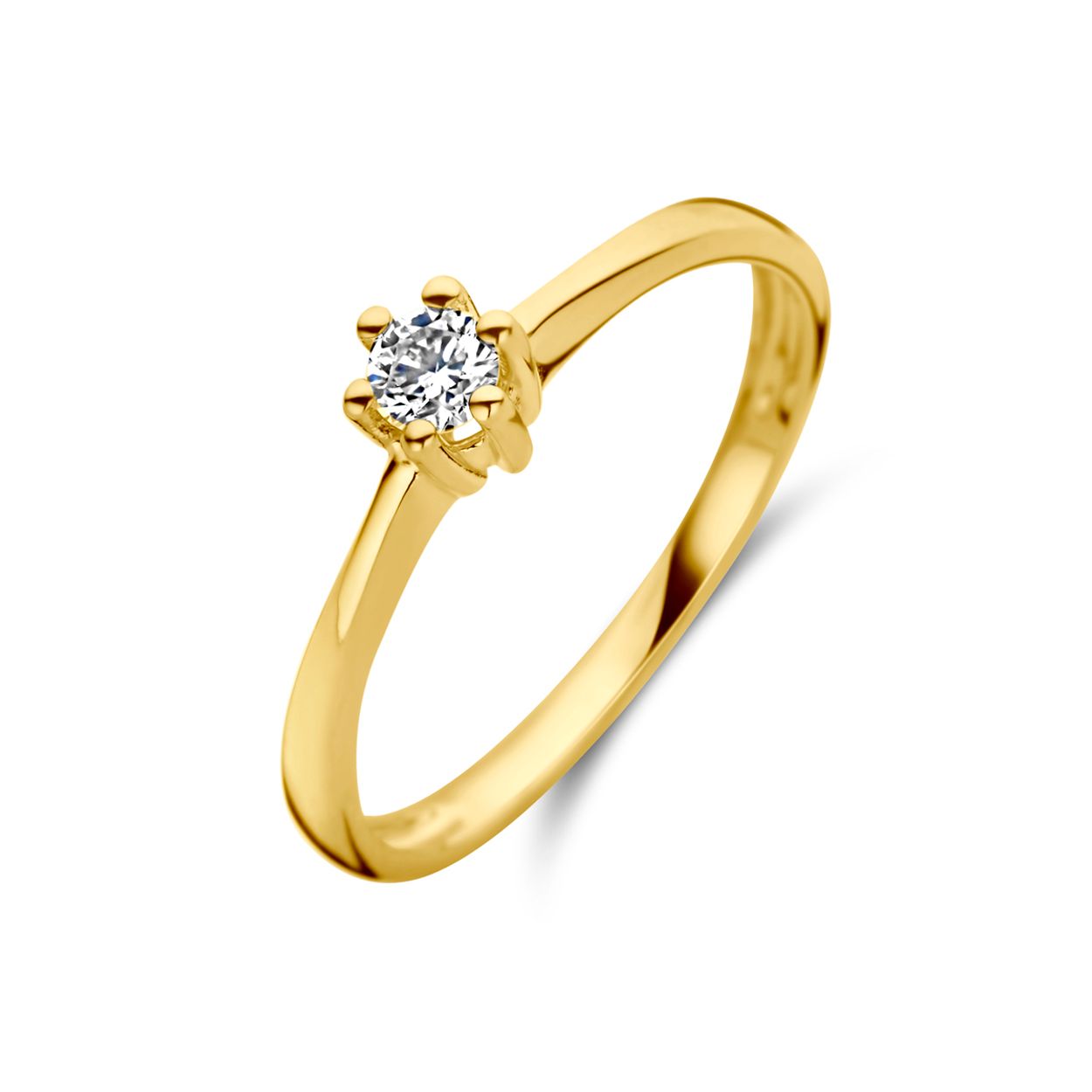 14k Geelgouden ring uitgevoerd met diamant. De ring heeft een breedte van 4.6mm.  