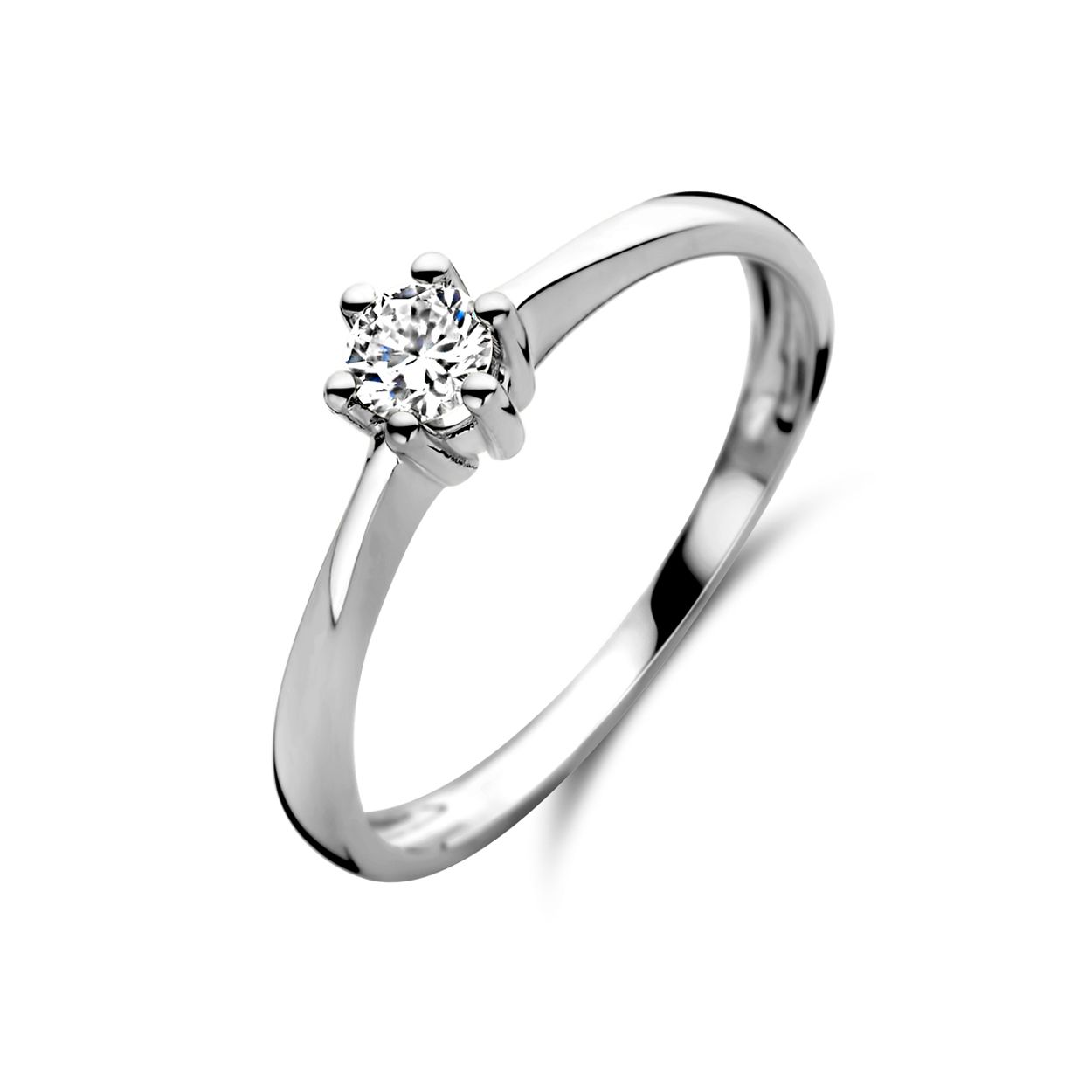 14k Witgouden ring uitgevoerd met diamant. De ring heeft een breedte van 5.2mm. 
