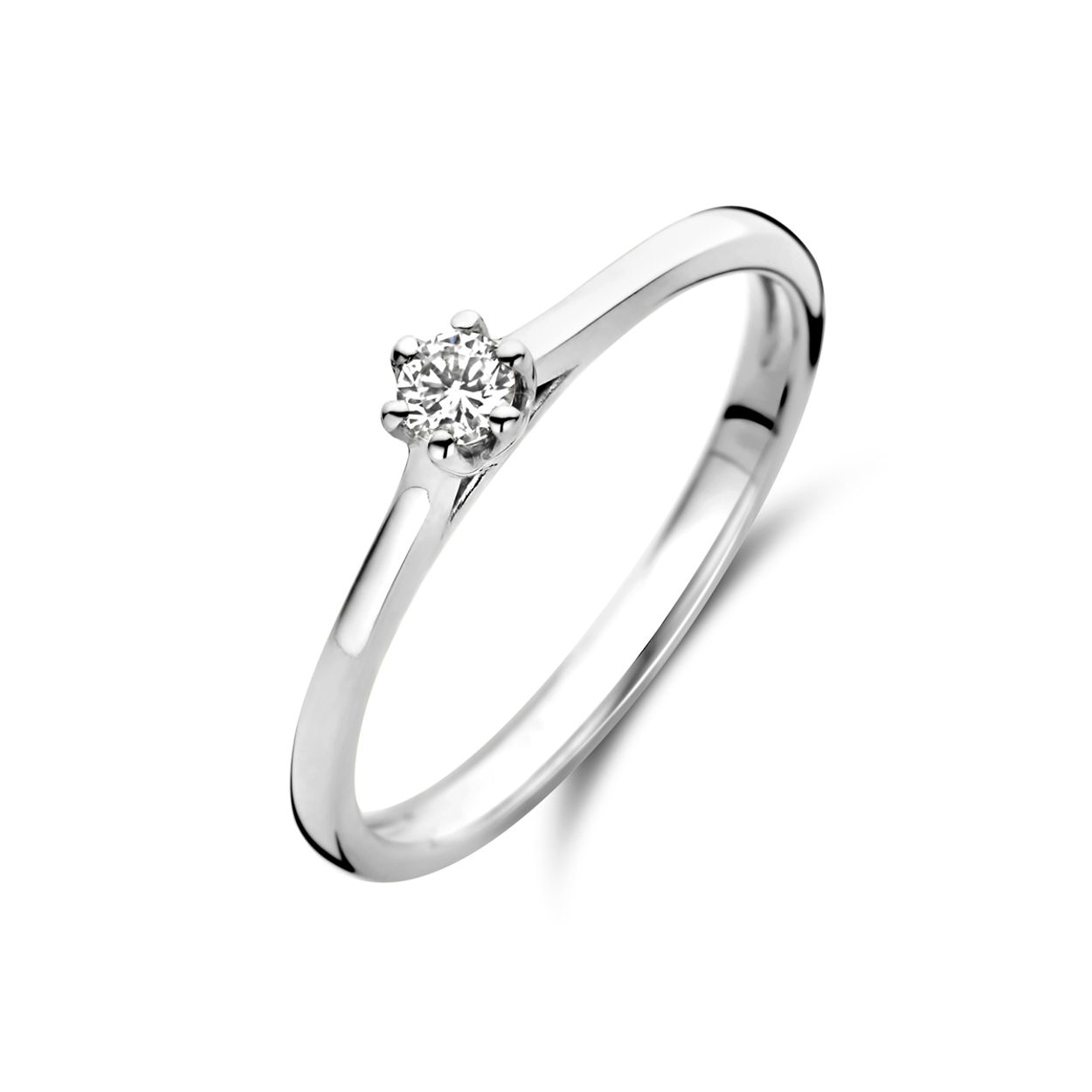 14k Witgouden ring uitgevoerd met diamant. De ring heeft een breedte van 4mm
