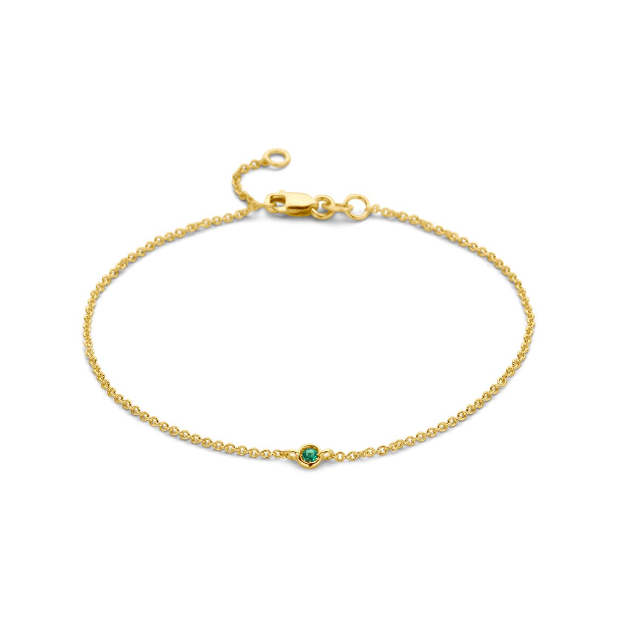 14k Geelgouden armband uitgevoerd met smaragd. De armband heeft draaglengtes van 16 en 18cm. De schakelbreedte is 1.2mm. Uitgevoerd met een karabijn sluiting.