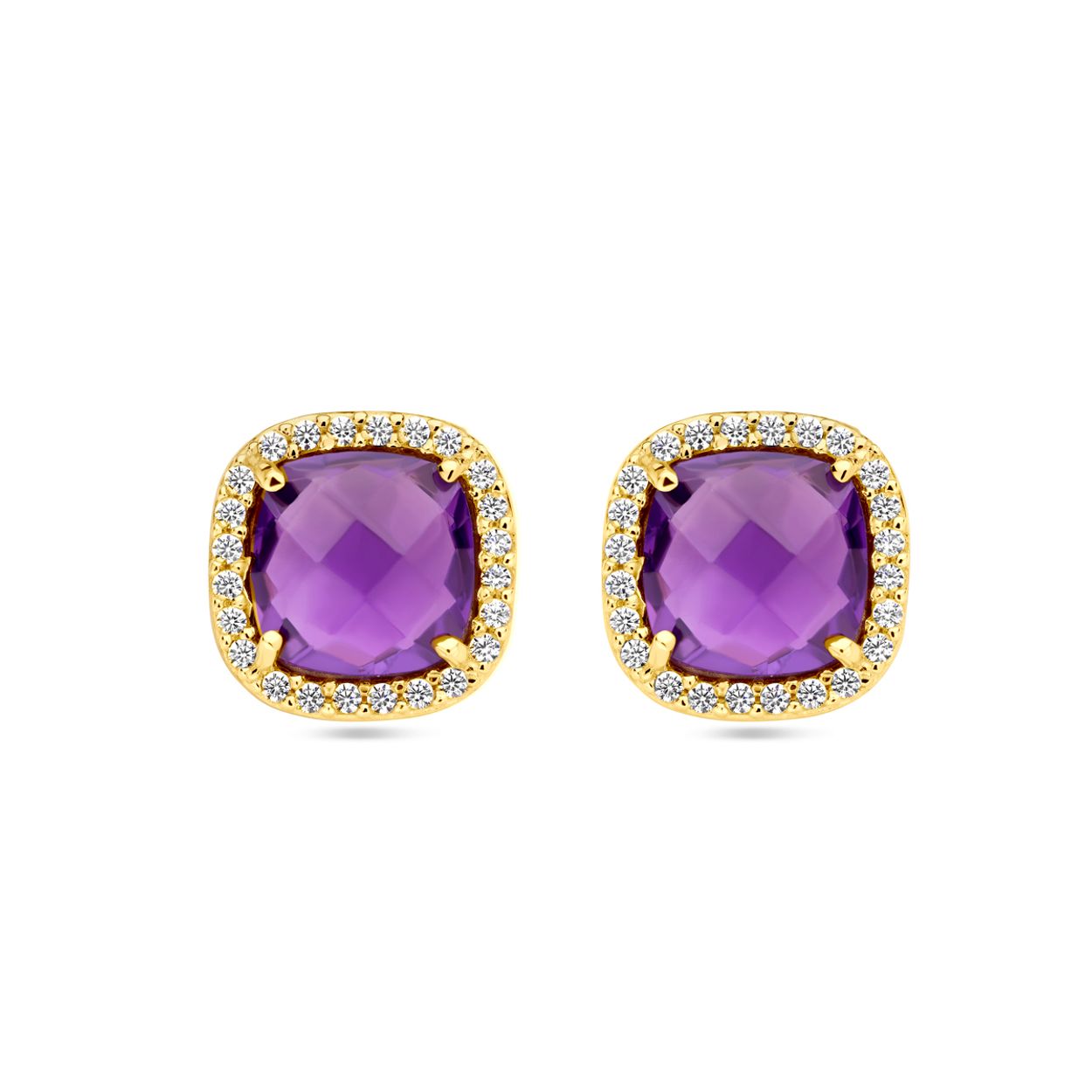 14k Geelgouden oorknoppen uitgevoerd met amethist en zirkonia. De oorknoppen hebben een afmeting van 11 x 11mm.