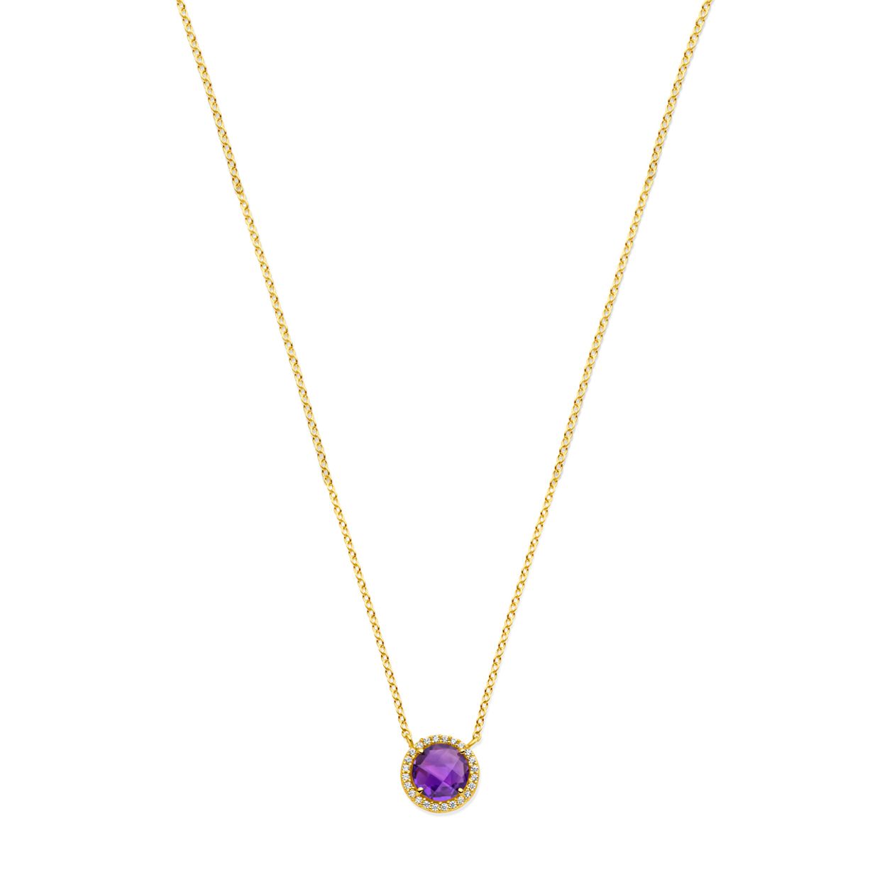 14k Geelgouden collier uitgevoerd met amethist en zirkonia. Het collier heeft draaglengtes van 43 en 45cm. De hanger heeft een diameter van 11.5mm. De schakelbreedte is 1.3mm. Uitgevoerd met een karabijn sluiting.