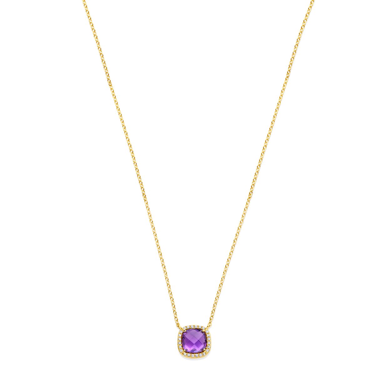 14k Geelgouden collier uitgevoerd met amethist en zirkonia. Het collier heeft draaglengtes van 43 en 45cm. De hanger heeft een afmeting van 11x11mm. De schakelbreedte is 1.3mm. Uitgevoerd met een karabijn sluiting.