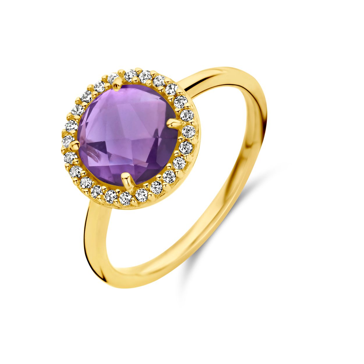 14k Geelgouden ring uitgevoerd met amethist en zirkonia. De ring heeft een breedte van 11mm.&nbsp;