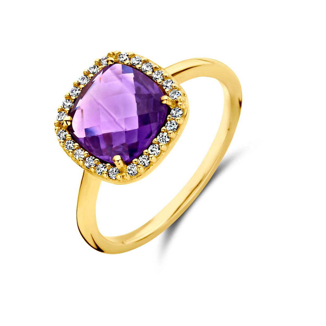 14k Geelgouden ring uitgevoerd met amethist en zirkonia. De ring heeft een breedte van 11mm.&nbsp;