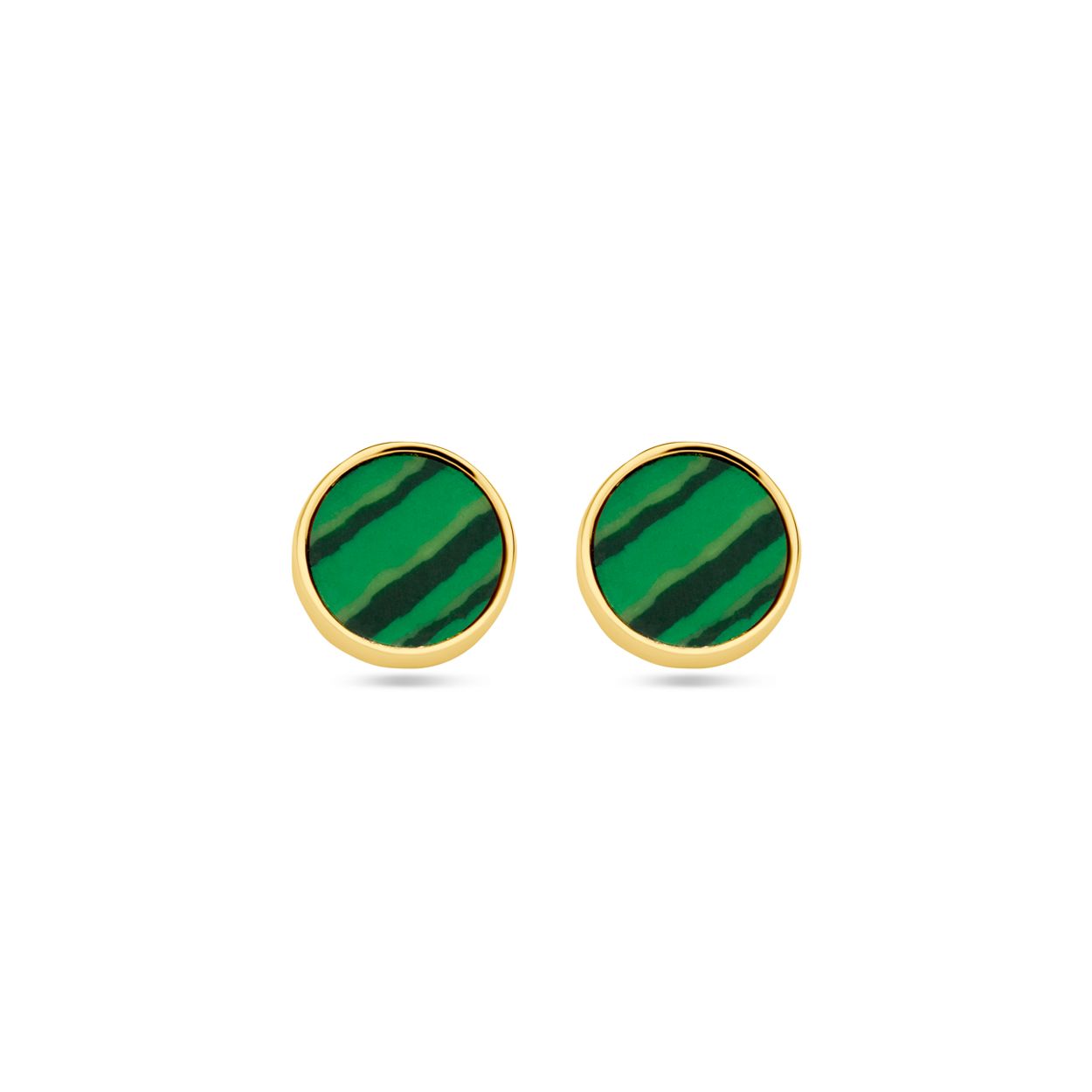 14k Geelgouden ronde oorknoppen uitgevoerd met malachiet. De oorknoppen hebben een diameter van 7 mm.