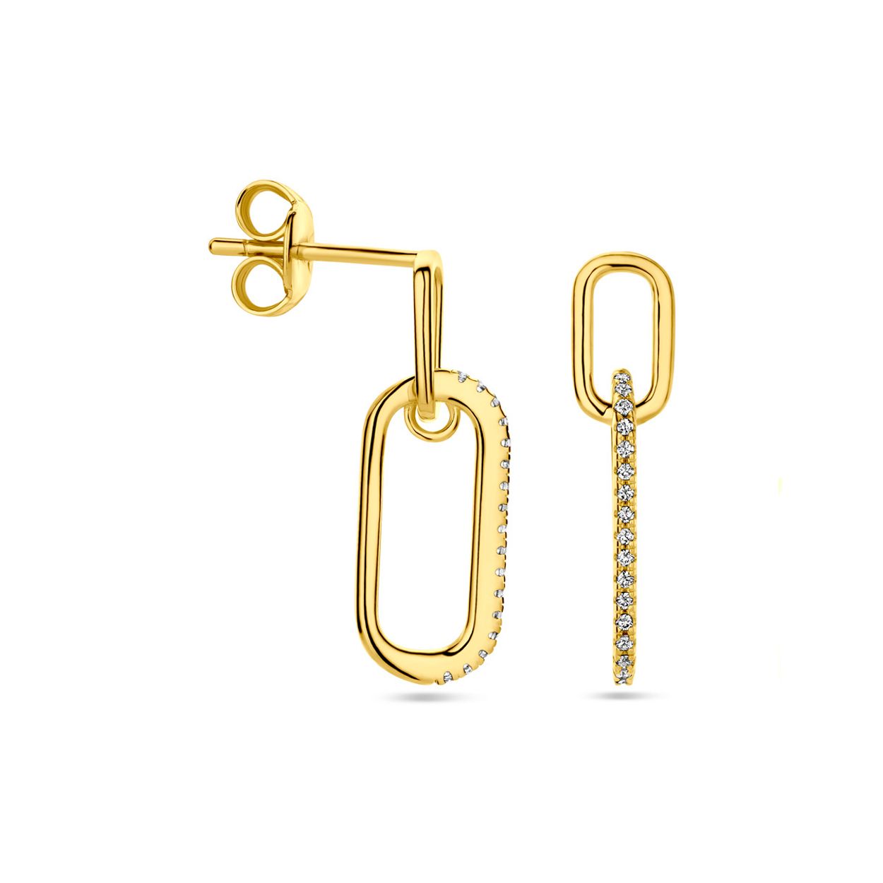 Geelgoud op 925 zilveren oorhangers uitgevoerd met zirkonia. De oorhangers hebben een totale hoogte van 20mm. Geen garantie op plating.