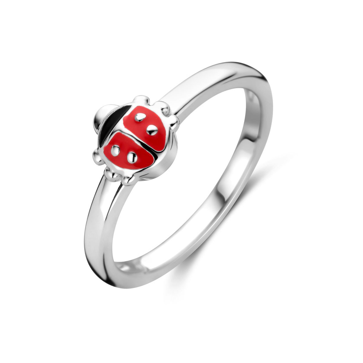 Gerhodineerd 925 zilveren ring uitgevoerd met een lieveheersbeestje. De ring heeft een breedte van 6mm.