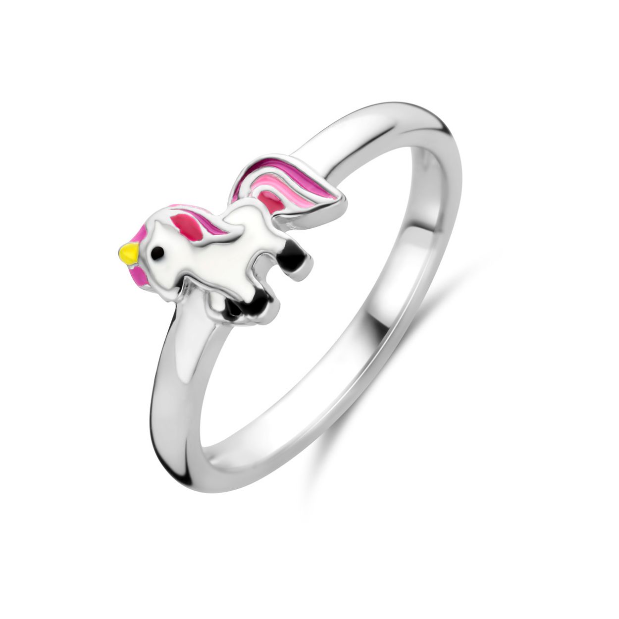 Gerhodineerd 925 zilveren ring uitgevoerd met een eenhoorn. De ring heeft een breedte van 7mm.