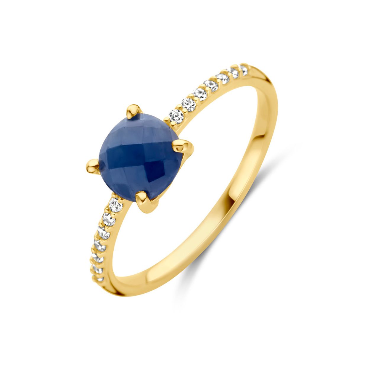 14k Geelgouden ring uitgevoerd met saffier en zirkonia. De saffier heeft een afmeting van 6x6mm.