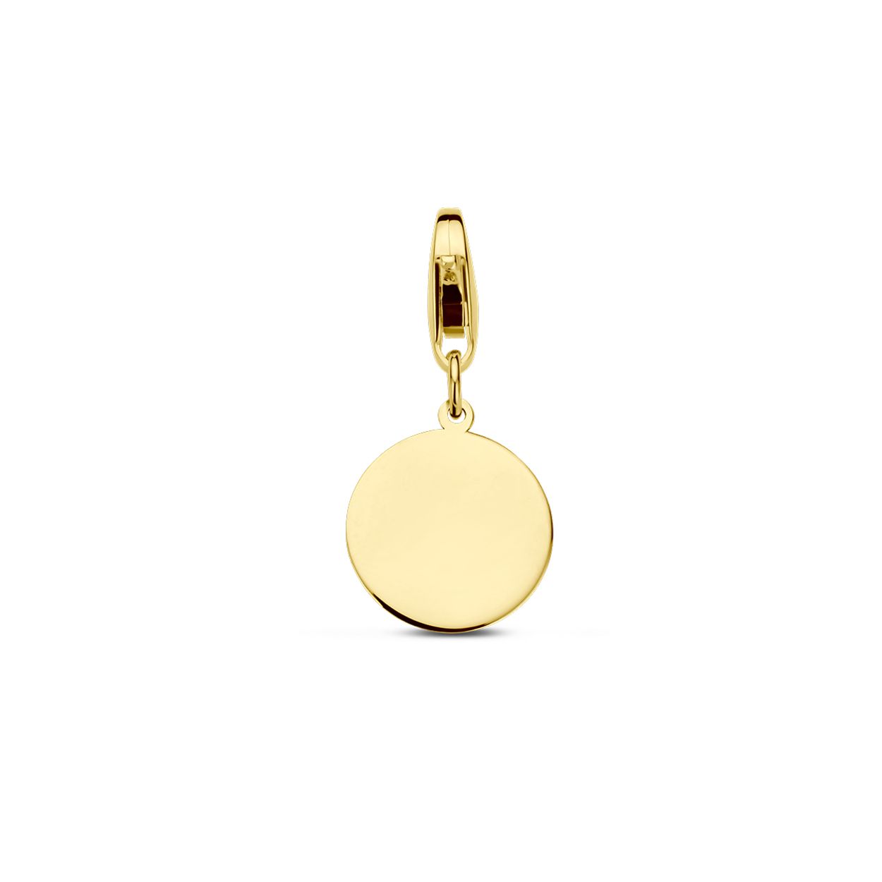 14k Geelgouden slotbedel met een rondjes graveerhanger. De hanger heeft een totale hoogte van 20mm. De dikte van de plaat is 0.4mm.