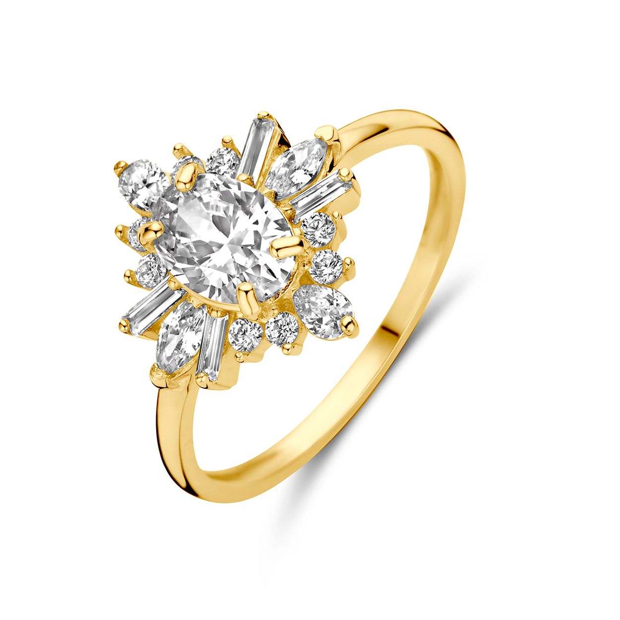 14k Geelgouden ring uitgevoerd met zirkonia. De ring heeft een breedte van 13.5mm.