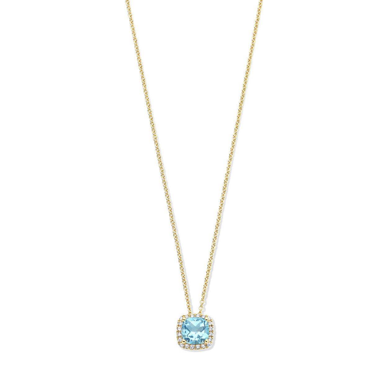 14k Geelgouden collier uitgevoerd met blauw topaas en diamant. De collier heeft draaglengtes van 42 en 45 cm en een karabijnsluiting.