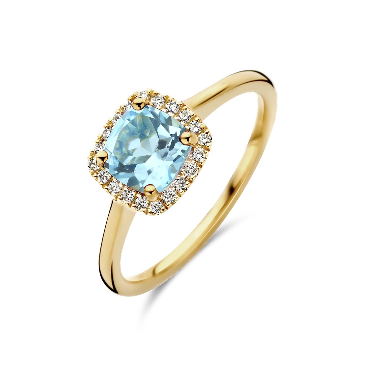14k Geelgouden ring uitgevoerd met blauw topaas en diamant.