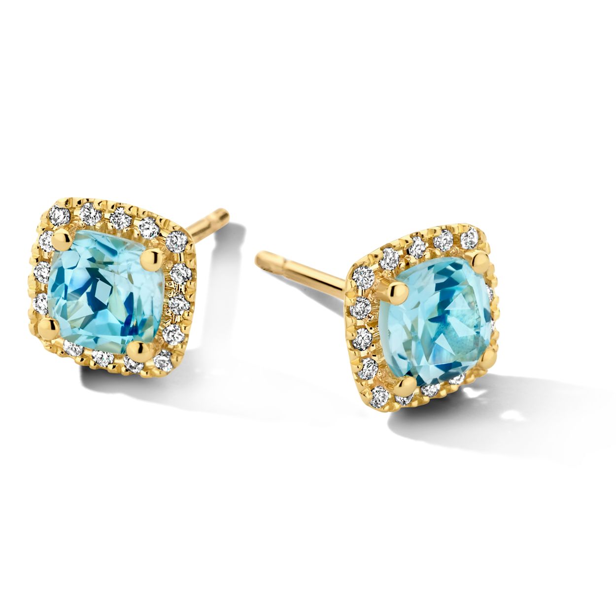 14k Geelgouden oorknoppen blauw topaas en diamant.