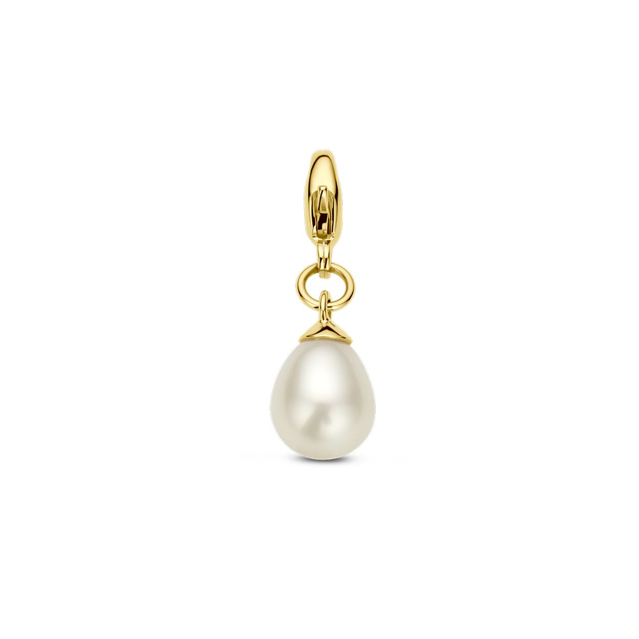 14k Geelgouden slotbedel uitgevoerd met een zoetwaterparel van 9x7mm. De hanger heeft een totale hoogte van 21mm.