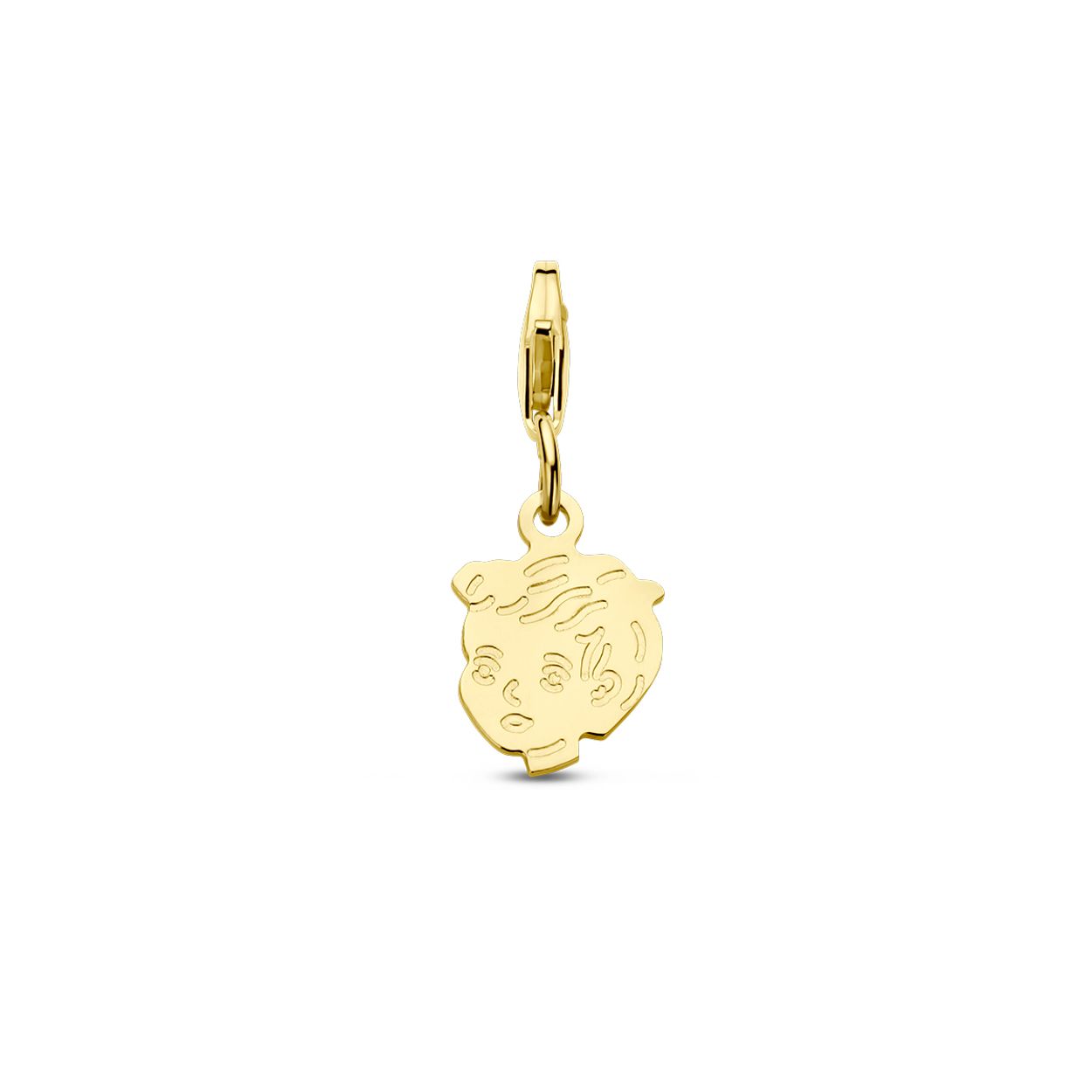 14k Geelgouden slotbedel met een hanger jongen. De hanger heeft een afmeting van 12.5x9.5mm.