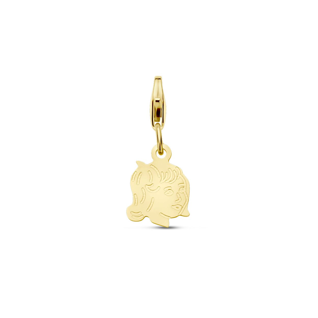 14k Geelgouden slotbedel met een hanger meisje. De hanger heeft een afmeting van 12x9mm.