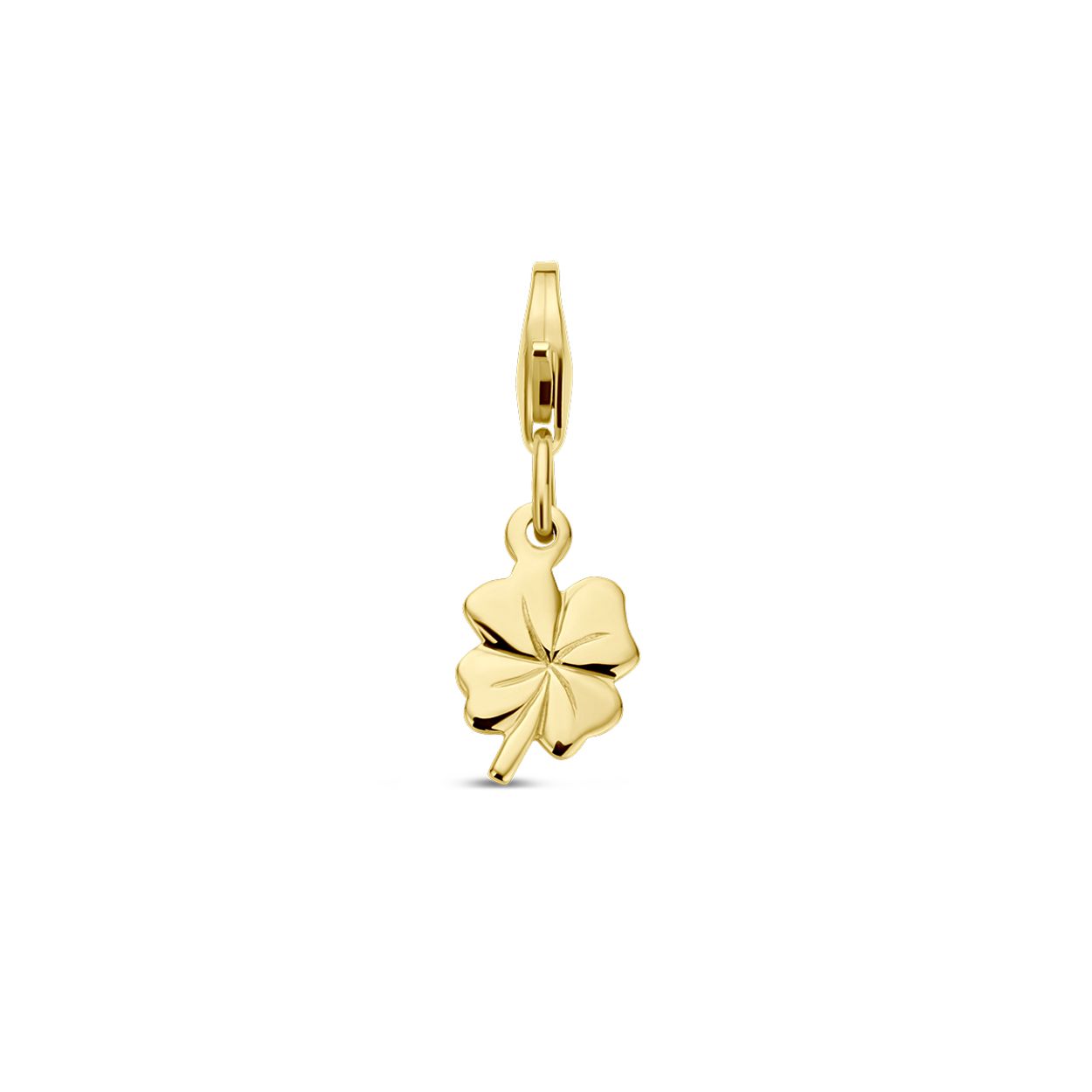 14k Geelgouden slotbedel met een klaver hanger. Het klavertje heeft een afmeting van 12x7.5mm.