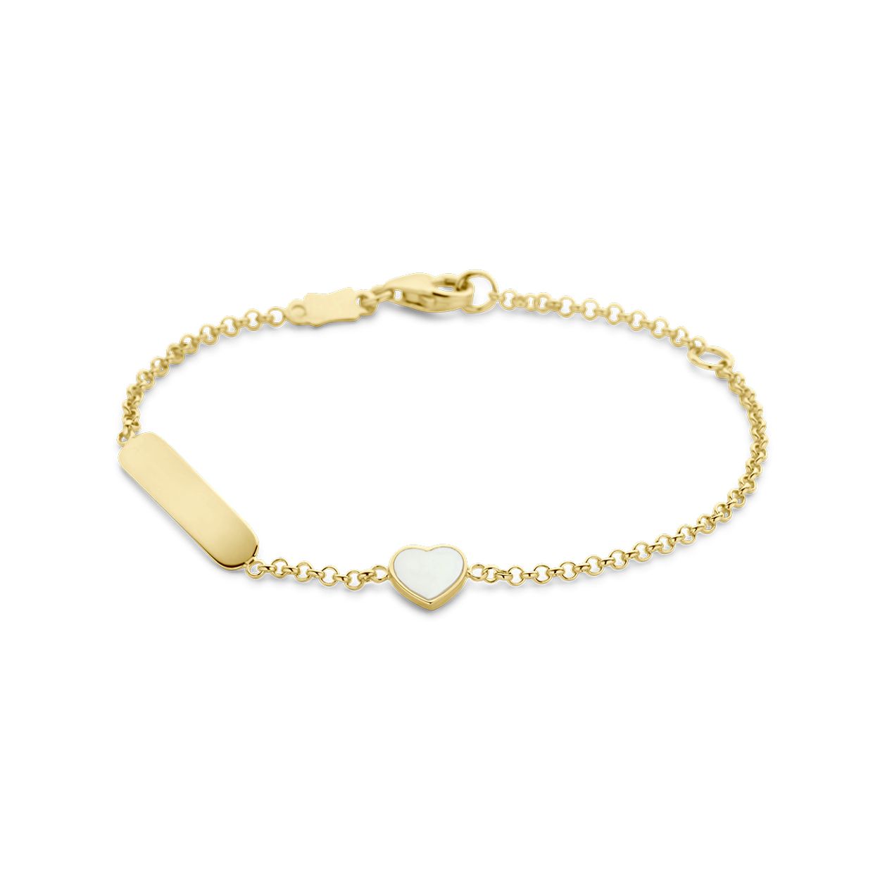 14k Geelgouden graveerarmband uitgevoerd met een parelmoer hart en een graveerplaat. De schakelbreedte is 1.5mm en is uitgevoerd met karabijnsluiting.