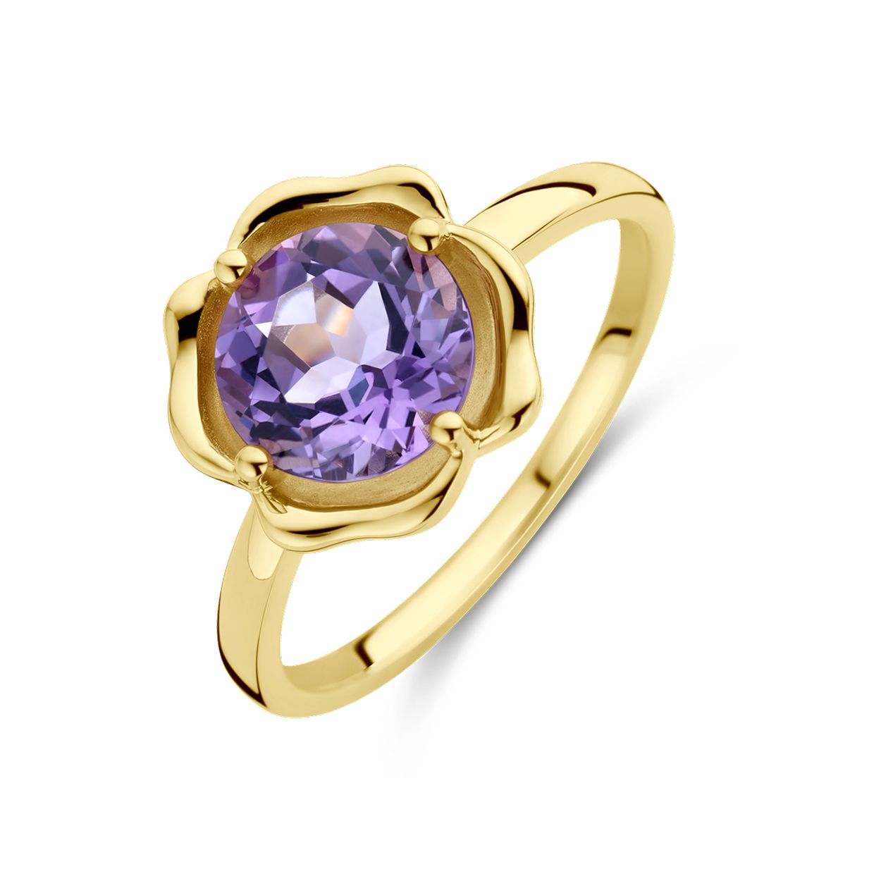 14k Geelgouden ring uitgevoerd met amethist. De steen heeft een diameter van 8mm.