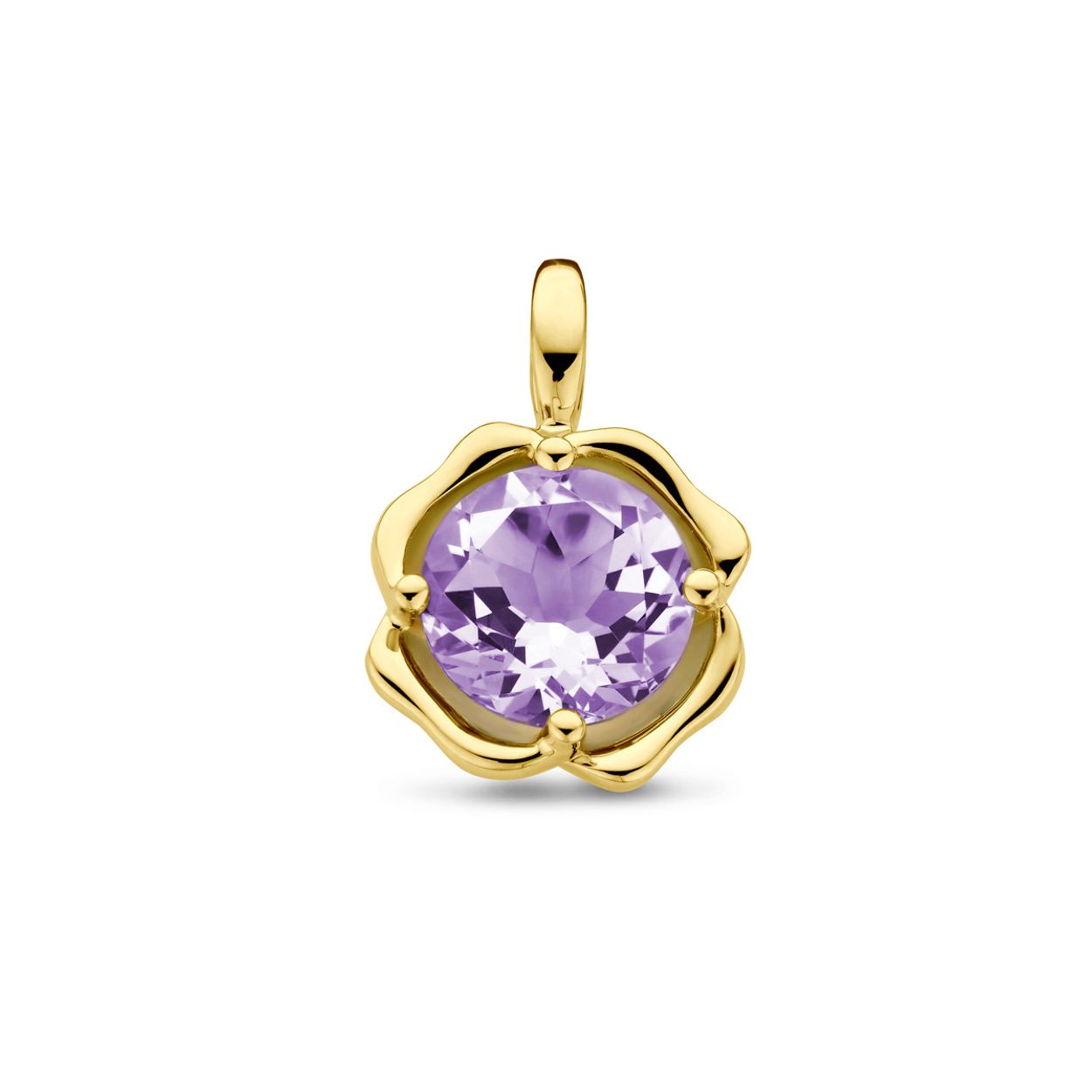 14k Geelgouden hanger uitgevoerd met amethist. De steen heeft een diameter van 8mm.